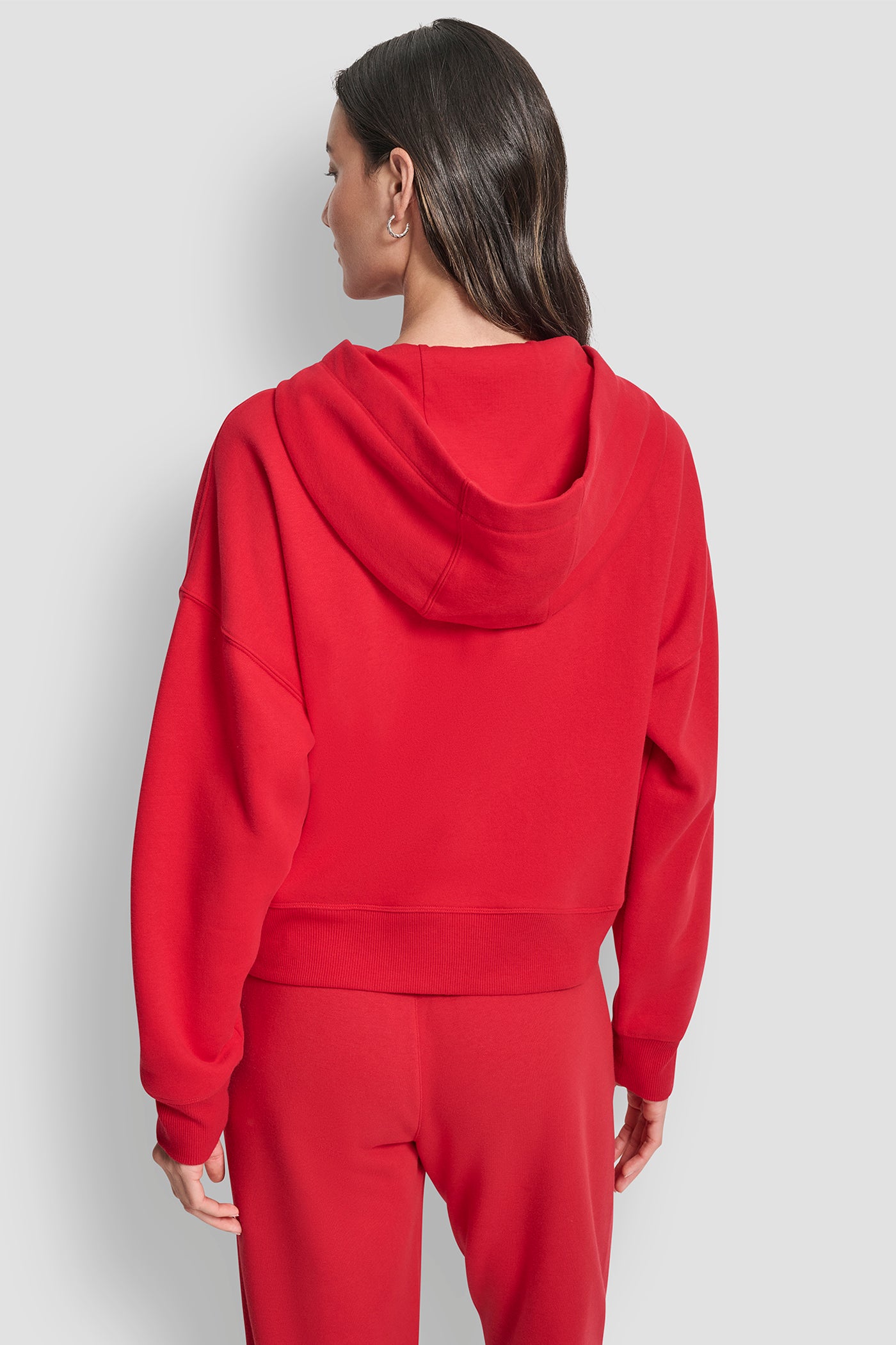 CITY CRIMSON EXPLODED RHINESTONE VARISTY LOGO FULL ZIP HOODIE WITH POCKETS, BACK VIEW | DKNY Sport