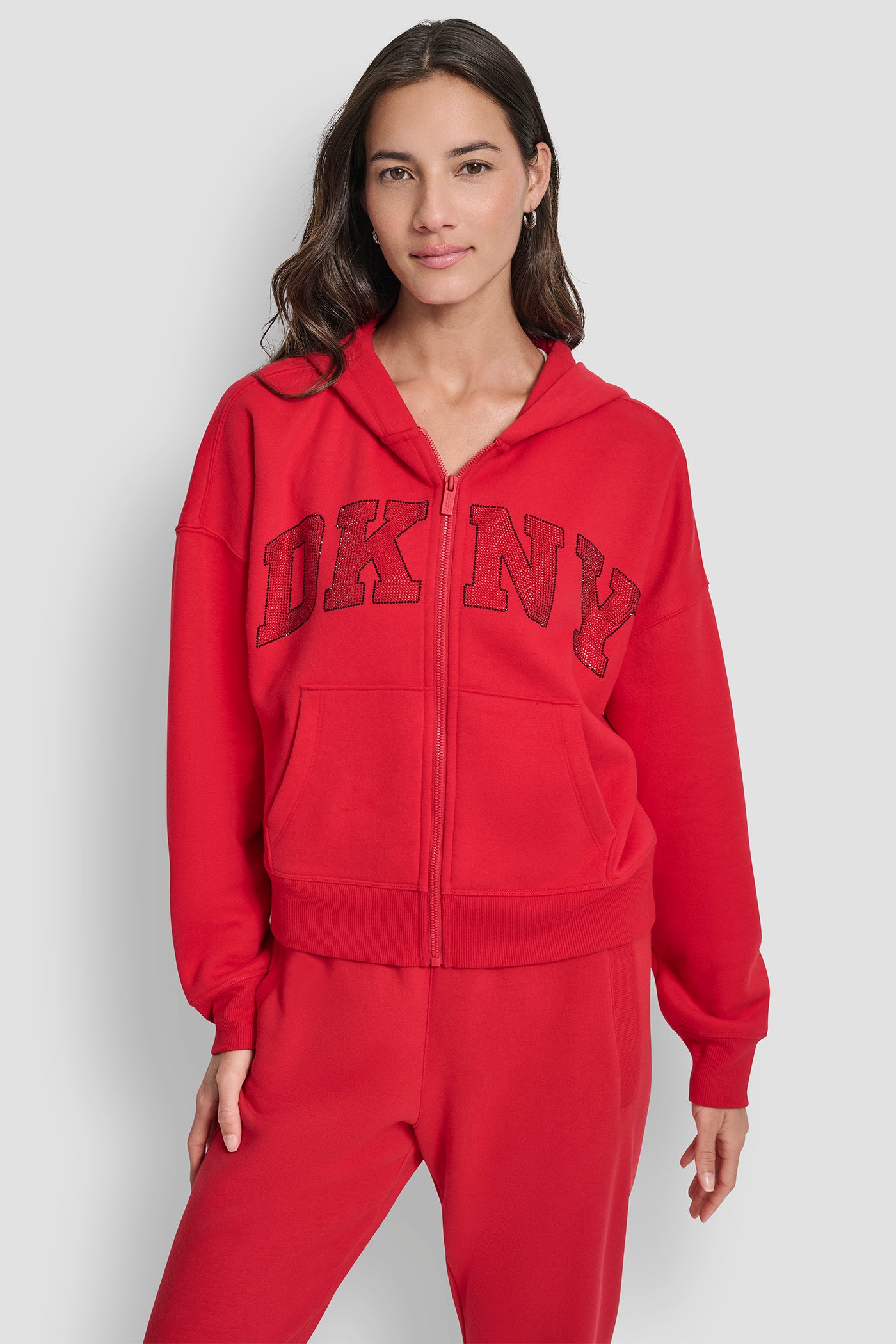 CITY CRIMSON EXPLODED RHINESTONE VARISTY LOGO FULL ZIP HOODIE WITH POCKETS, FRONT VIEW | DKNY Sport