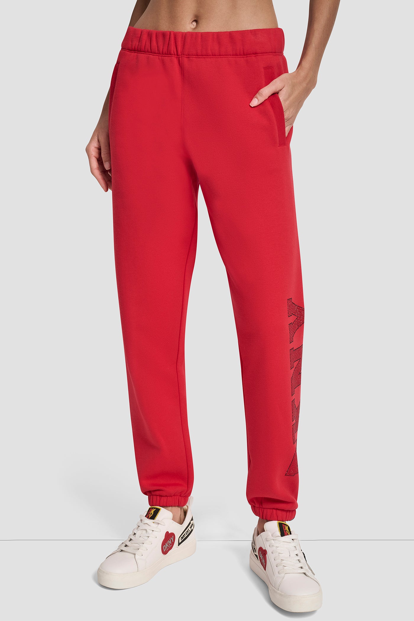 CITY CRIMSON EXPLODED RHINESTONE VARISTY LOGO HIGH RISE RELAXED, FRONT VIEW | DKNY Sport