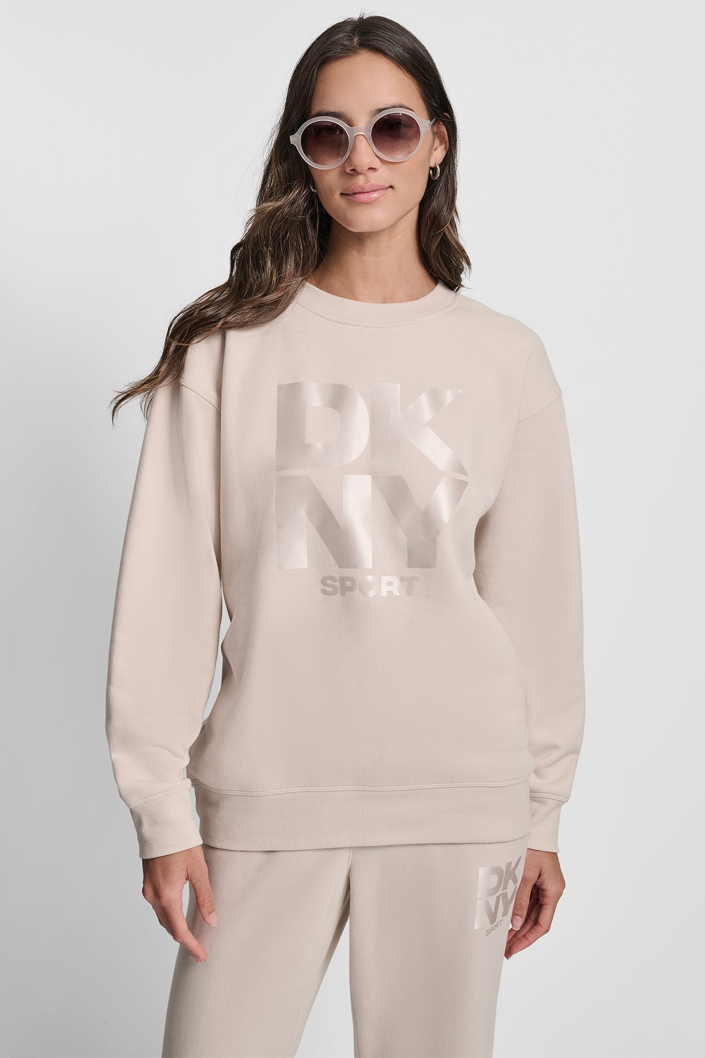 OAT STACKED SATIN LOGO LONG LINE CREW NECK PULLOVER, VIEW 1 | Sweatshirts & Joggers