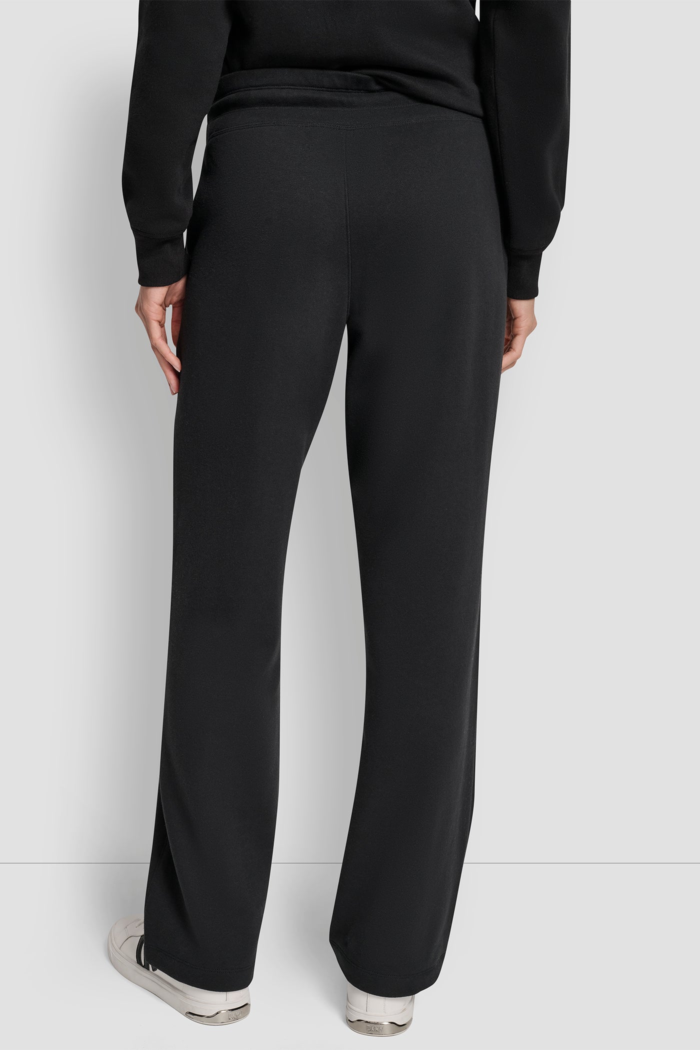 Black STACKED SATIN LOGO OPEN LEG BOYFRIEND 30.5IN PANT, BACK VIEW | Sweatshirts & Joggers
