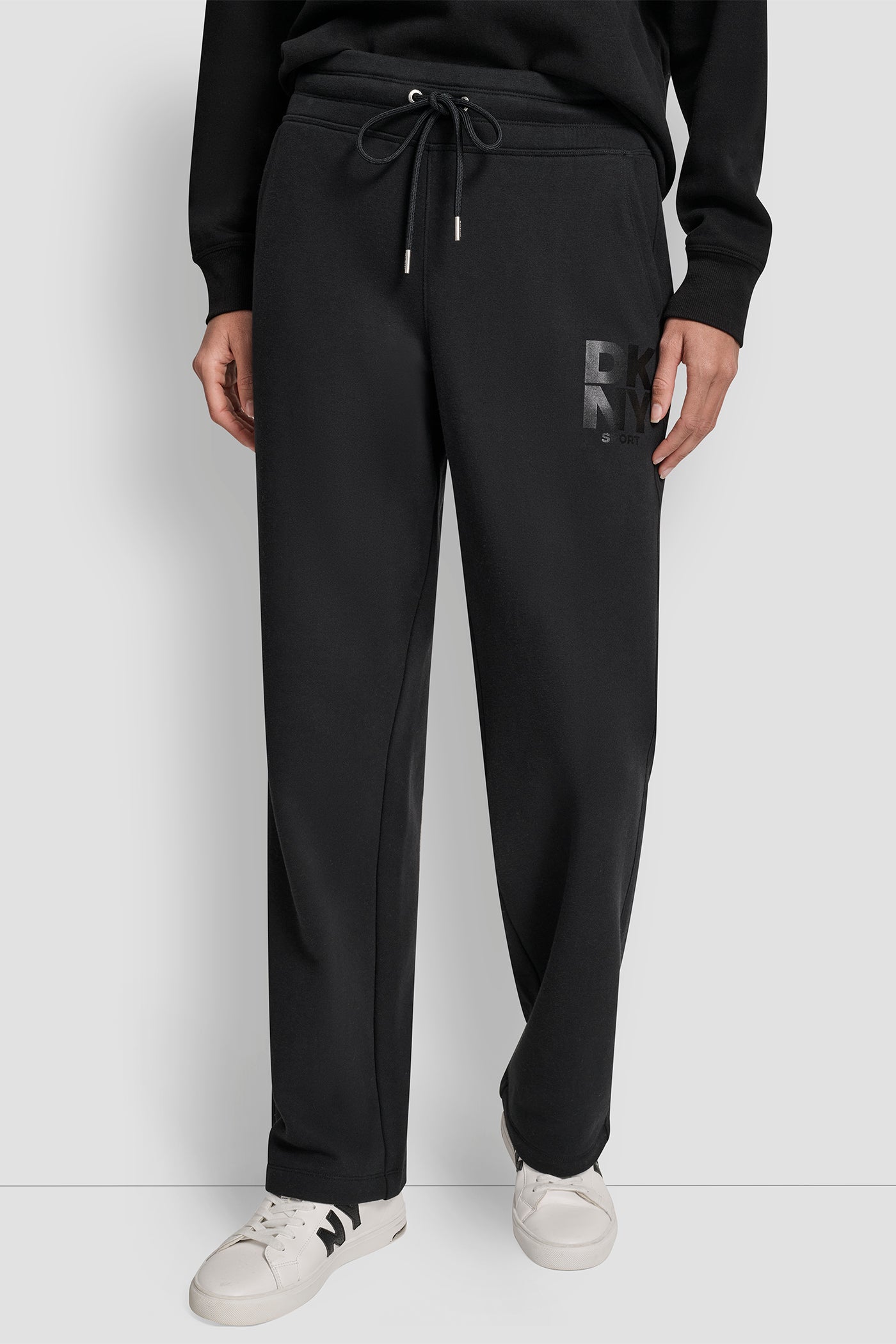 Black STACKED SATIN LOGO OPEN LEG BOYFRIEND 30.5IN PANT, FRONT VIEW | Sweatshirts & Joggers