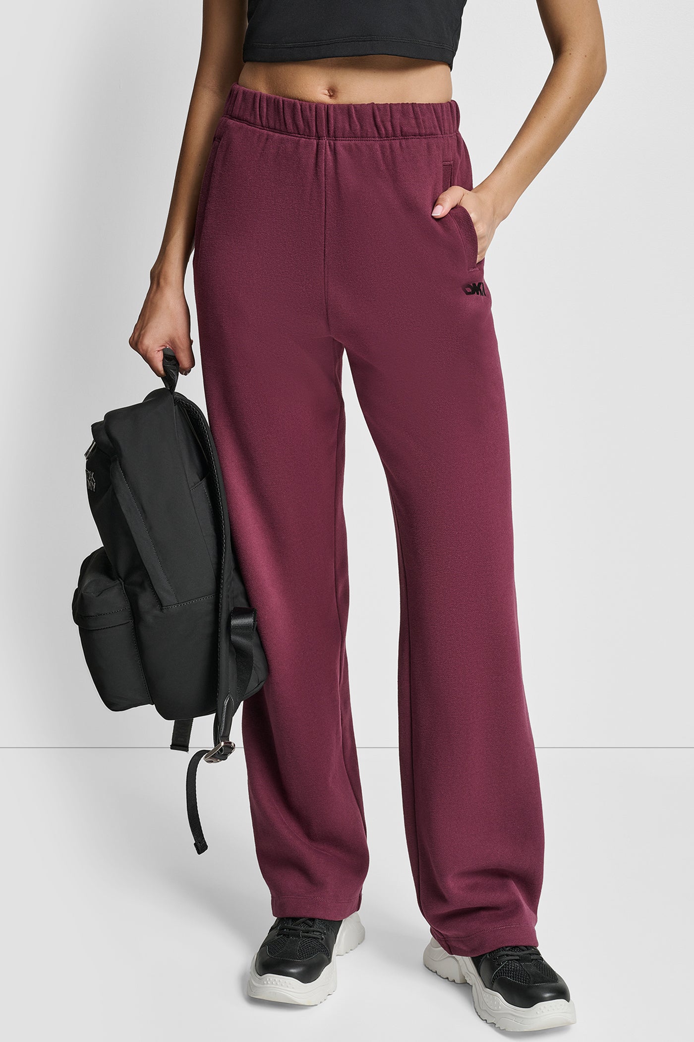 SYRAH FLOCKED LOGO BOYFRIEND OPEN LEG PANT WITH POCKETS, VIEW 1 | DKNY Sport