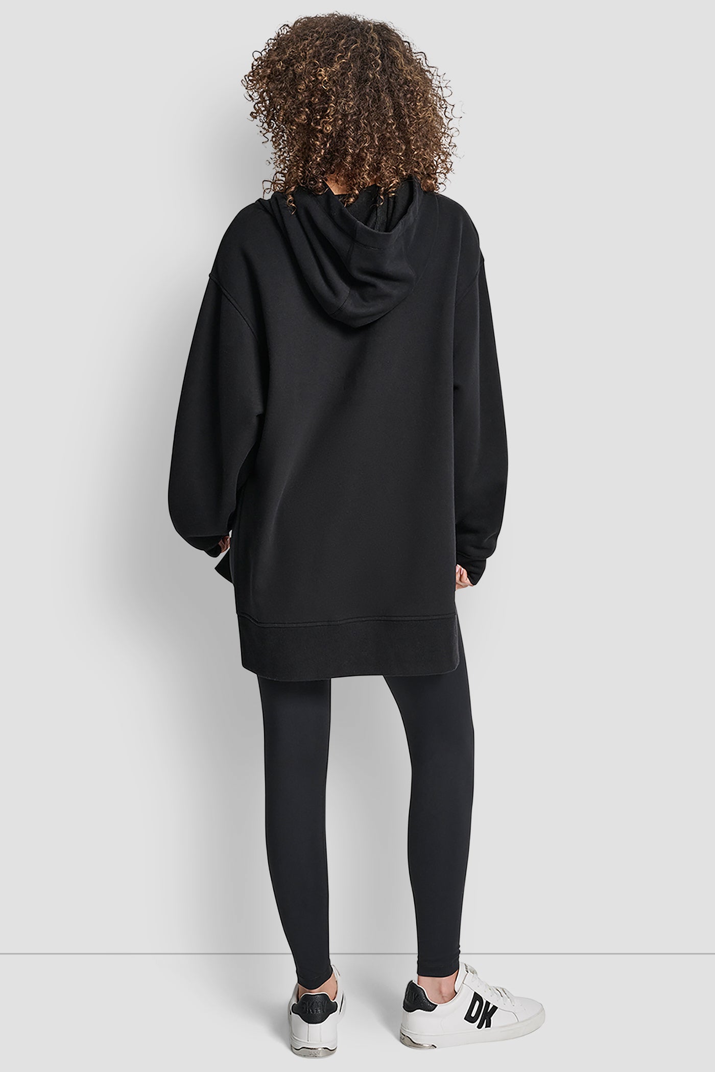 Black STACKED SATIN LOGO HIGH LOW TUNIC HOODIE, BACK VIEW | Sweatshirts & Joggers