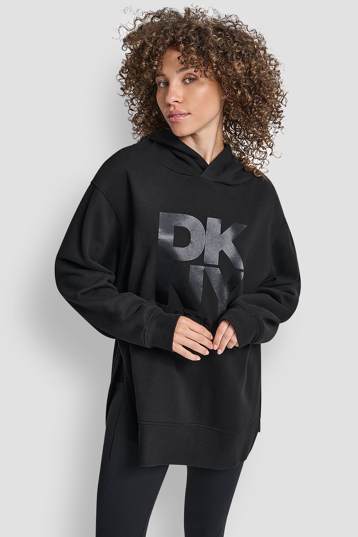 Black STACKED SATIN LOGO HIGH LOW TUNIC HOODIE, FRONT VIEW | Sweatshirts & Joggers