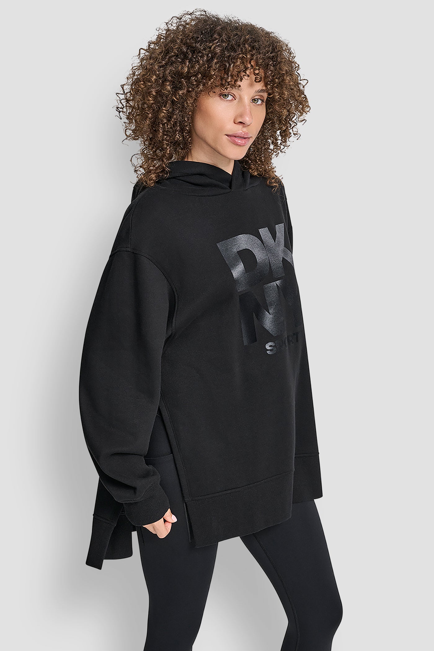 STACKED SATIN LOGO HIGH LOW TUNIC HOODIE VIEW 3 | Sweatshirts & Joggers
