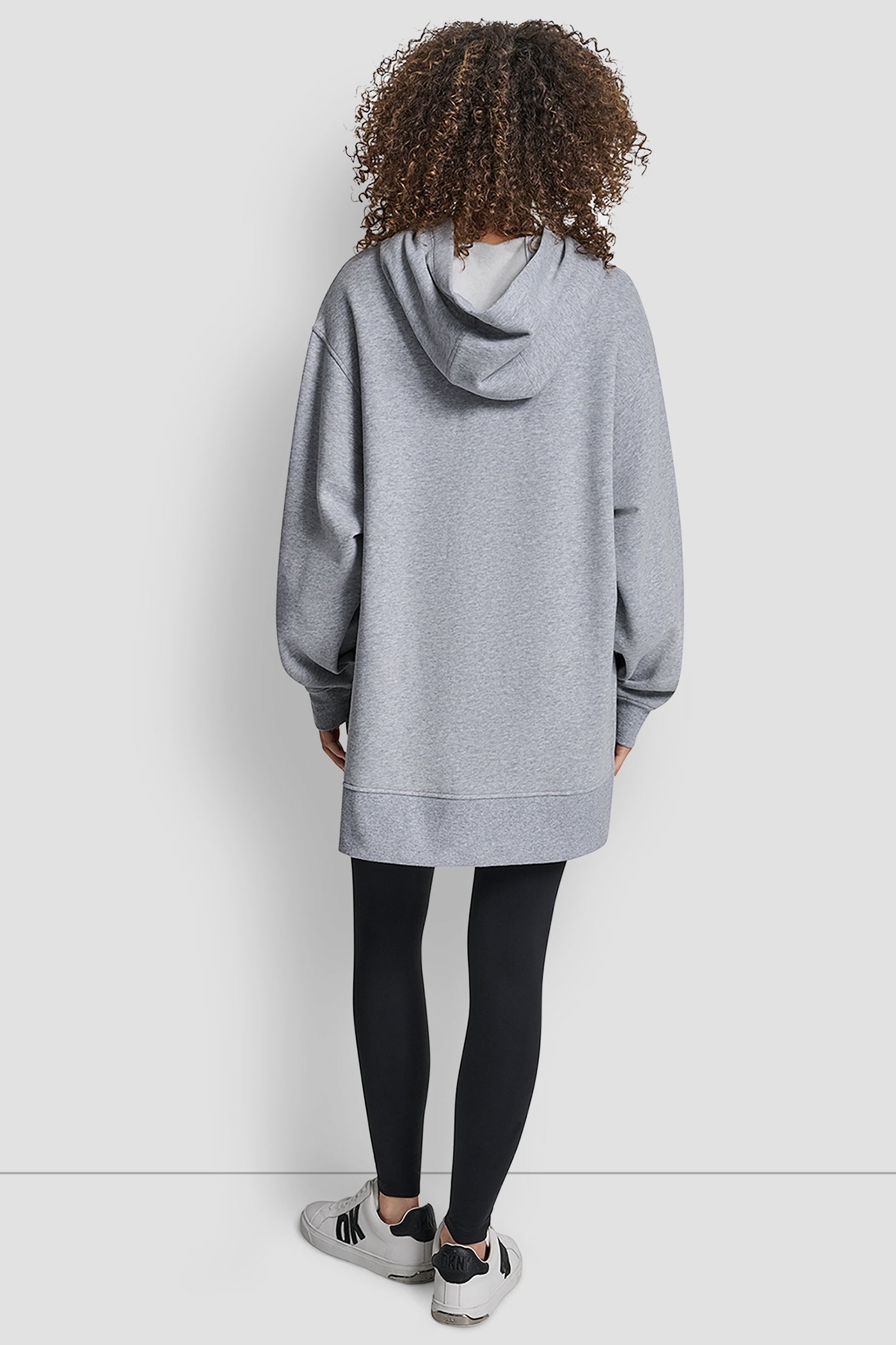 PEARL GREY HEATHER STACKED SATIN LOGO HIGH LOW TUNIC HOODIE, BACK VIEW | Sweatshirts & Joggers