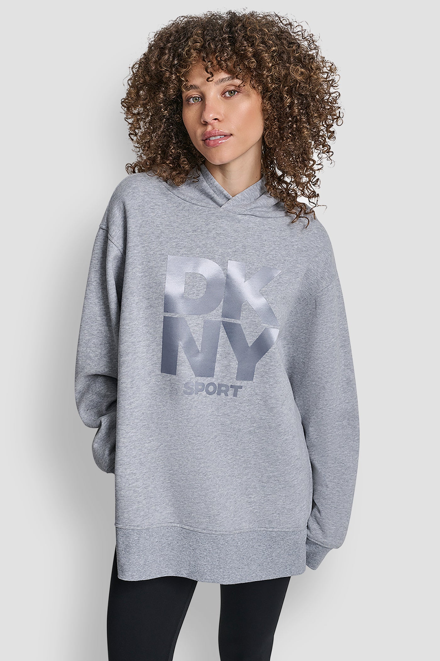 PEARL GREY HEATHER STACKED SATIN LOGO HIGH LOW TUNIC HOODIE, FRONT VIEW | Sweatshirts & Joggers