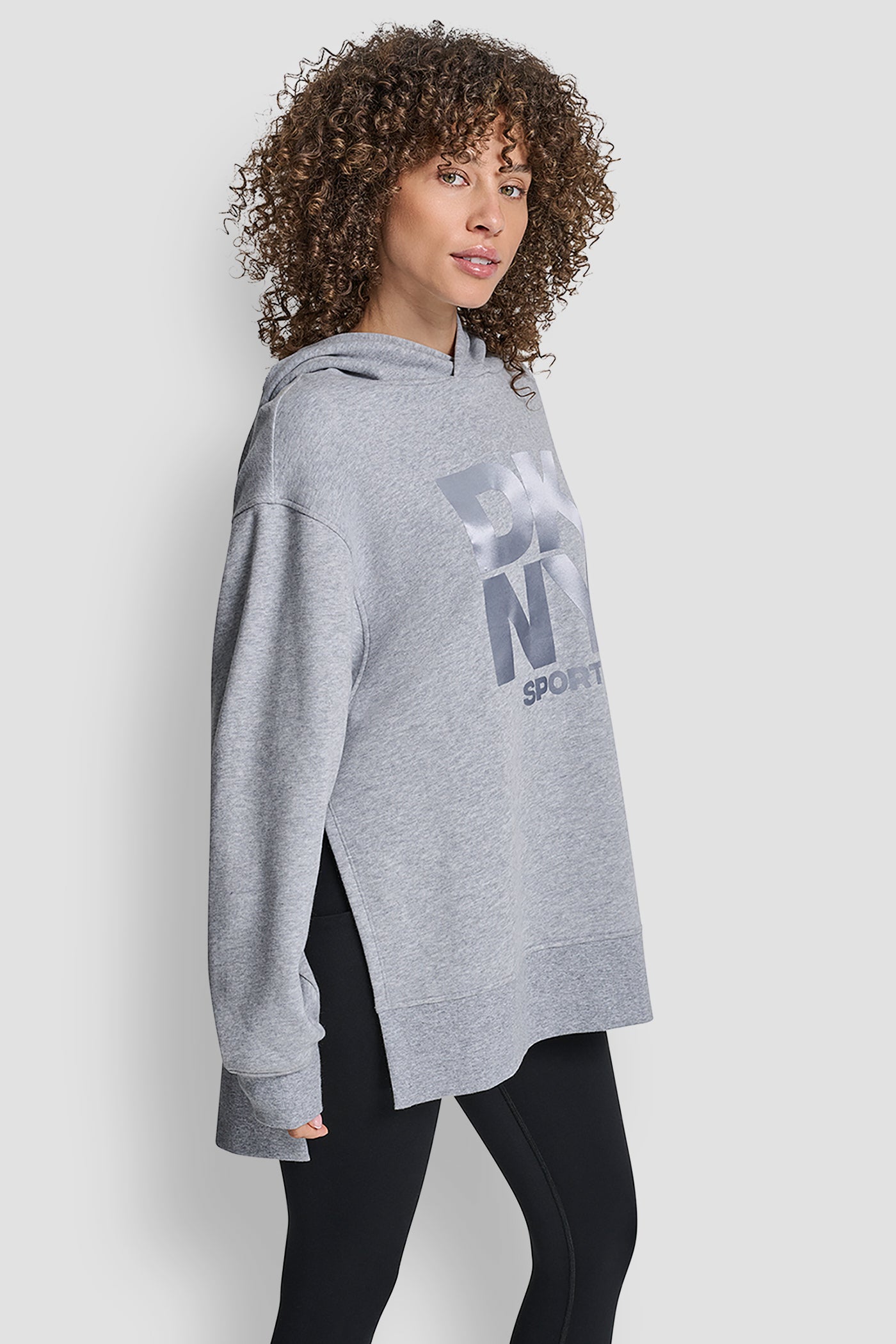 STACKED SATIN LOGO HIGH LOW TUNIC HOODIE VIEW 3 | Sweatshirts & Joggers