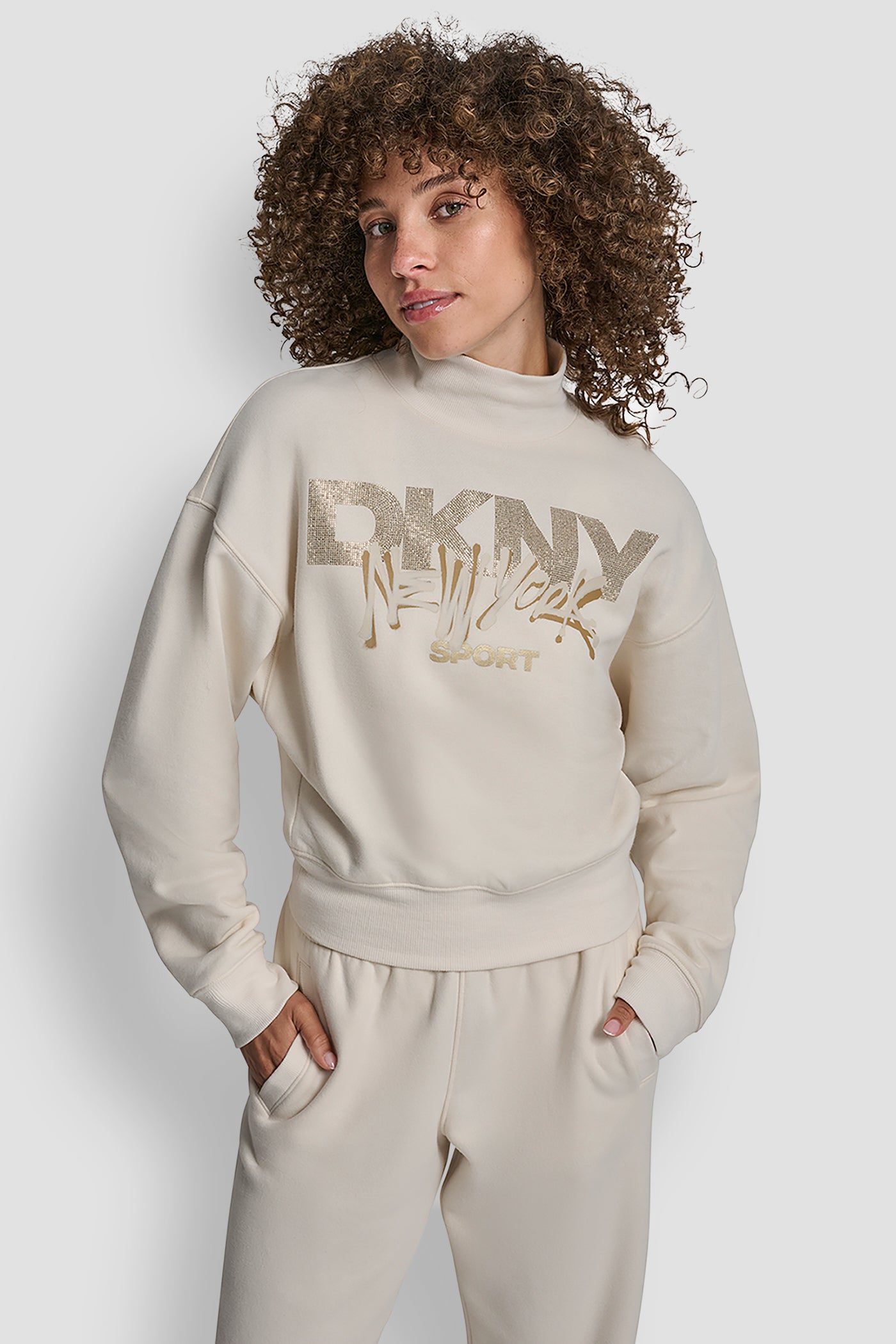 EGGNOG/ LIGHT GOLD GRAFFITI RHINESTONE LOGO MOCK NECK PULLOVER, FRONT VIEW | Clothing