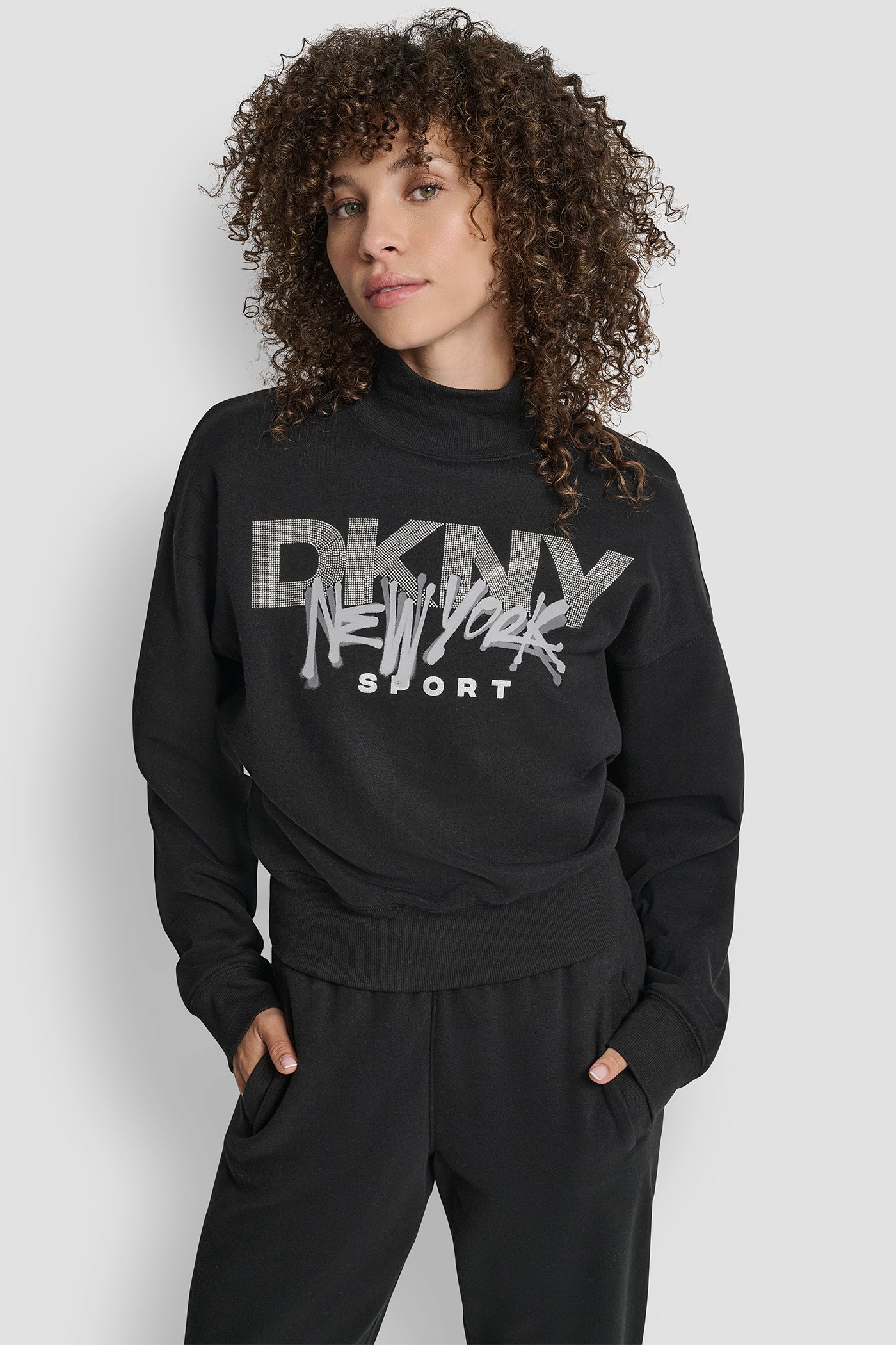 BLACK/GREY SILVER GRAFFITI RHINESTONE LOGO MOCK NECK PULLOVER, FRONT VIEW | New Arrivals