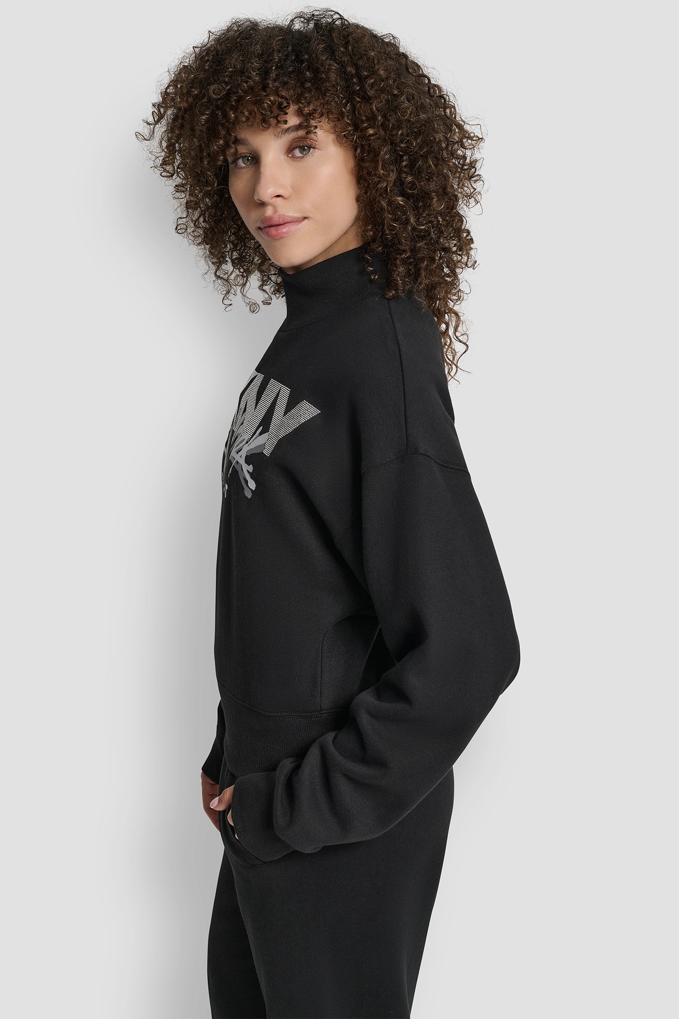 BLACK/GREY SILVER GRAFFITI RHINESTONE LOGO MOCK NECK PULLOVER, BACK VIEW | New Arrivals