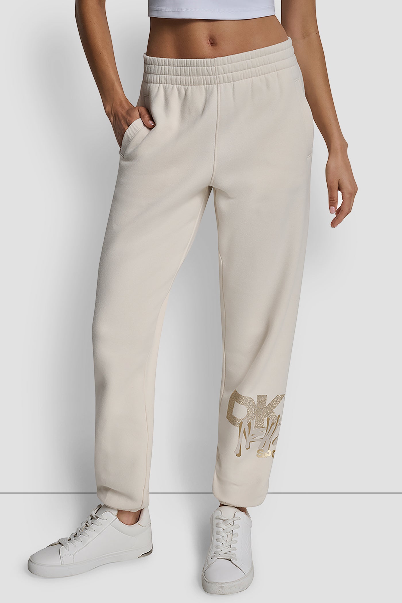 EGGNOG/ LIGHT GOLD GRAFFITI RHINESTONE LOGO HIGH RISE RELAXED FIT JOGGER, FRONT VIEW | Clothing