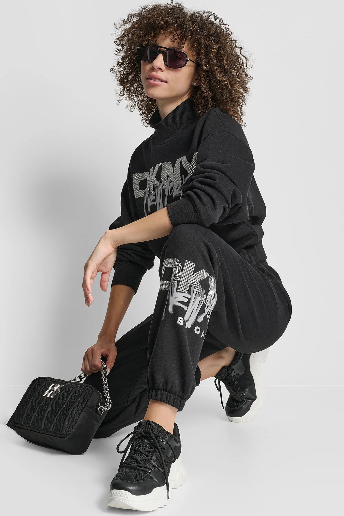 Black GRAFFITI RHINESTONE LOGO HIGH RISE RELAXED FIT JOGGER, VIEW 1 | Back-To-School Shop