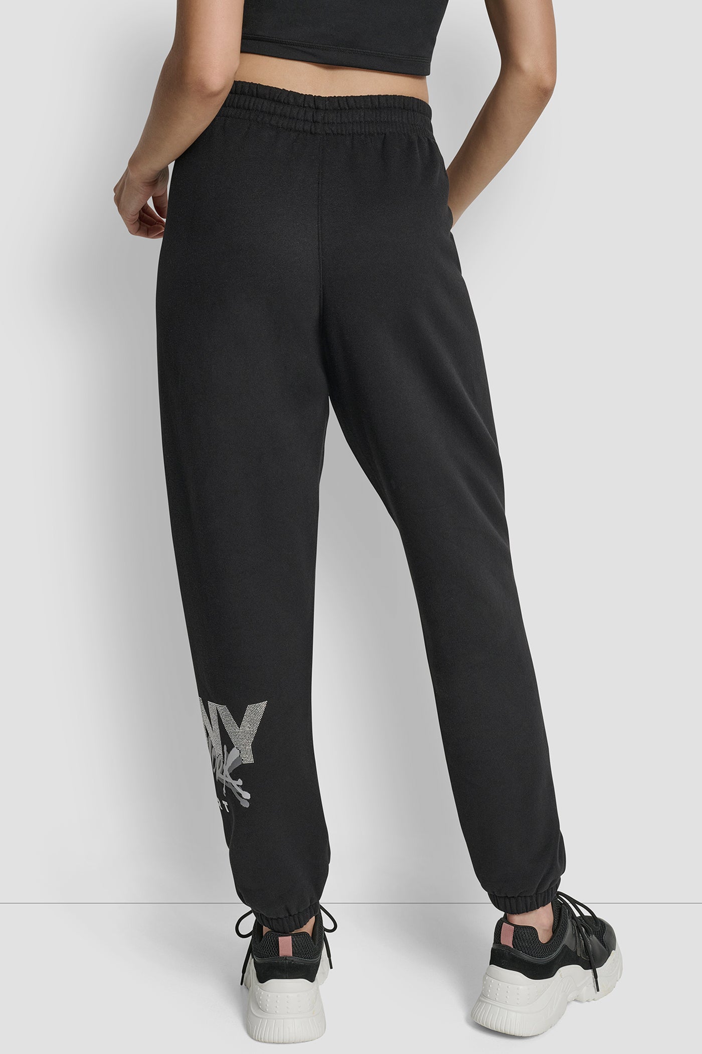 Black GRAFFITI RHINESTONE LOGO HIGH RISE RELAXED FIT JOGGER, BACK VIEW | New Arrivals