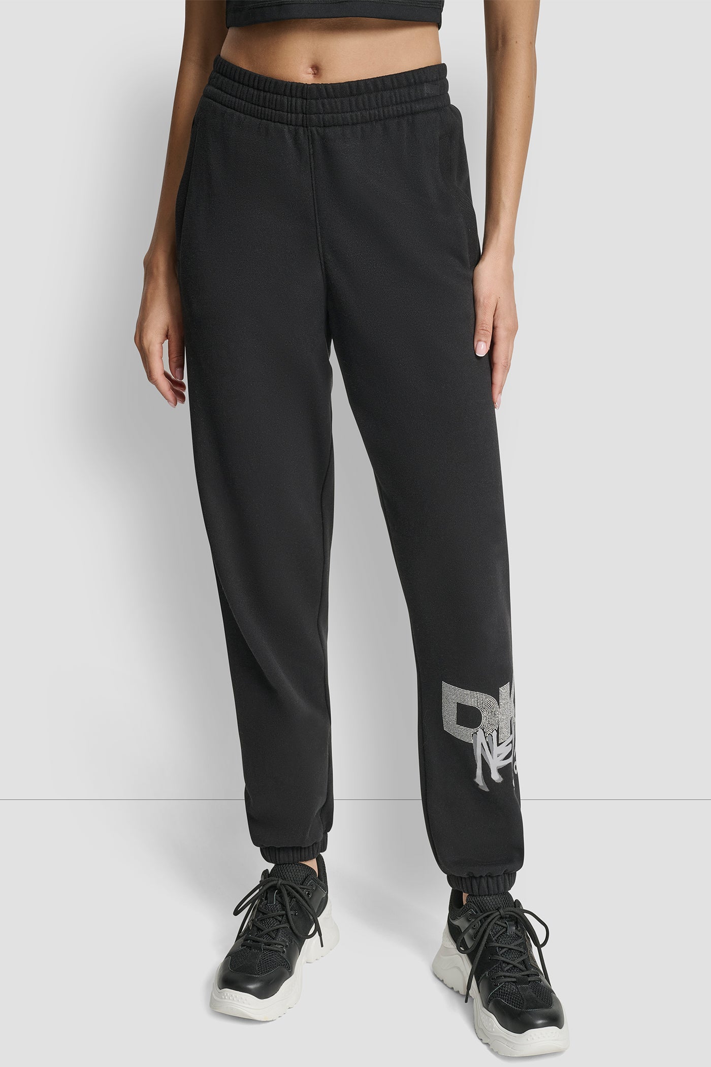 Black GRAFFITI RHINESTONE LOGO HIGH RISE RELAXED FIT JOGGER, FRONT VIEW | New Arrivals