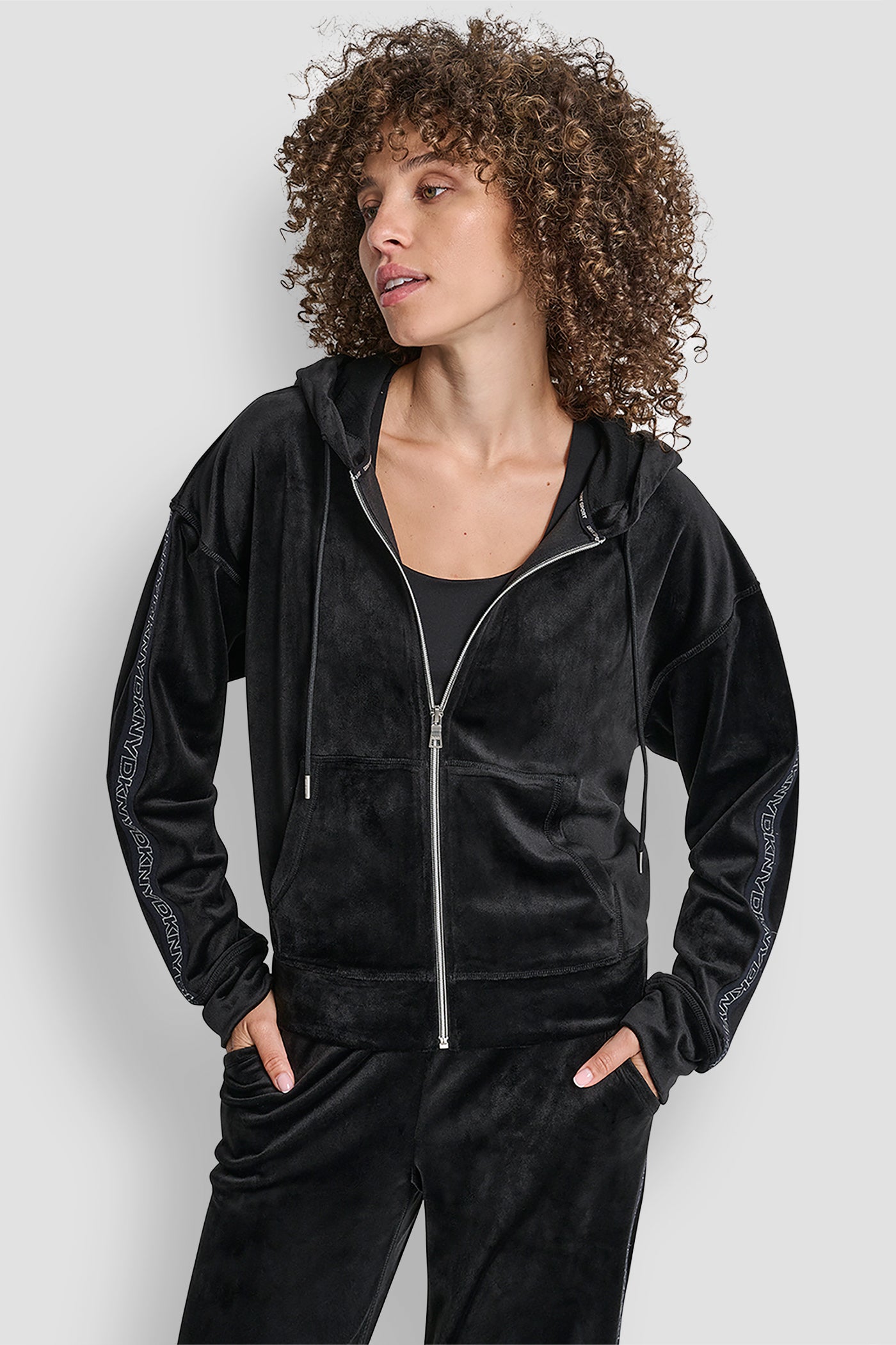 BLACK/SILVER FULL ZIP HOODIE WITH METALLIC LOGO ELASTIC, VIEW 1 | DKNY Sport