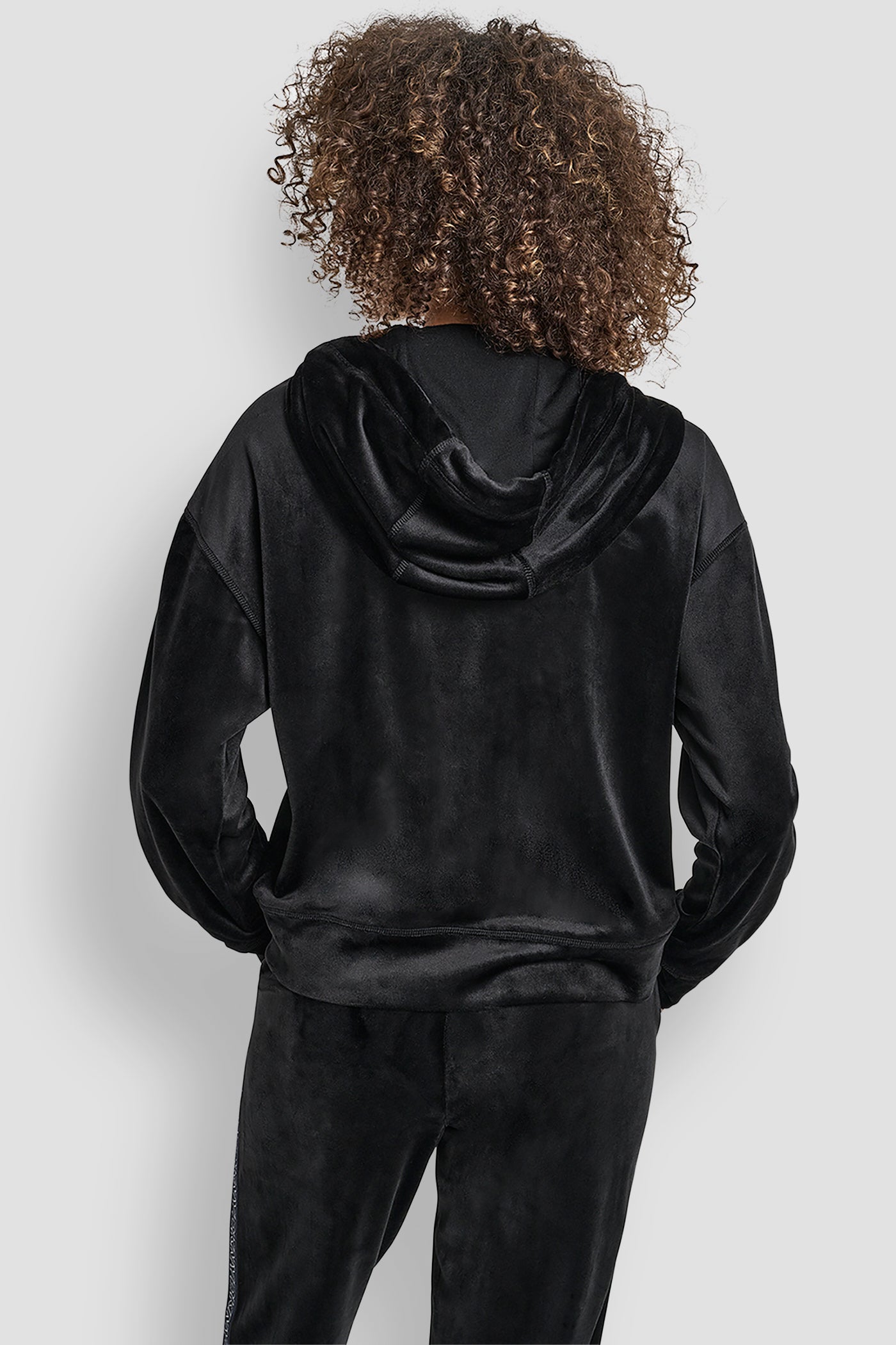 Black VELOUR FULL ZIP HOODIE WITH METALLIC LOGO, VIEW 2 | DKNY Promo