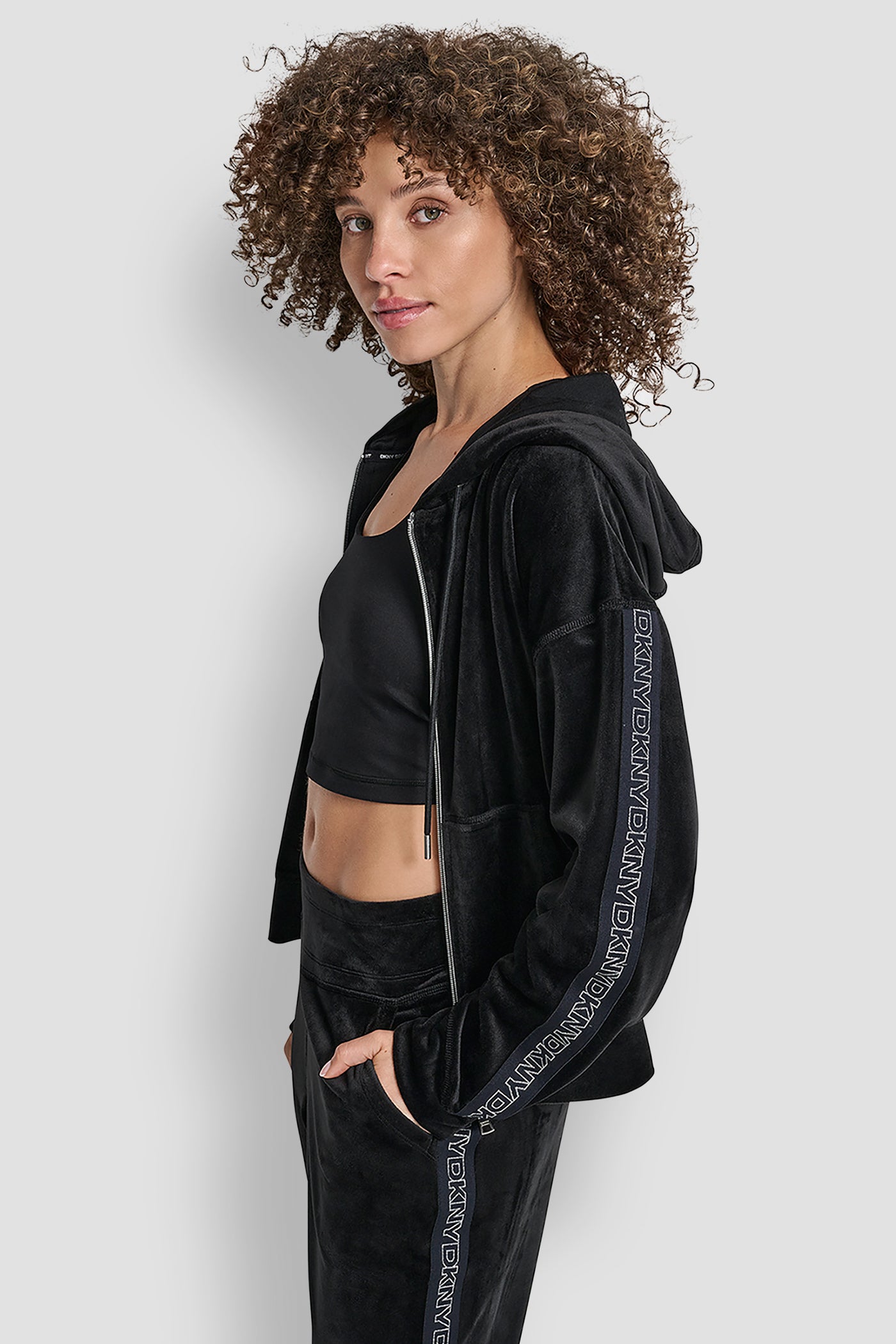 VELOUR FULL ZIP HOODIE WITH METALLIC LOGO VIEW 3 | DKNY Promo