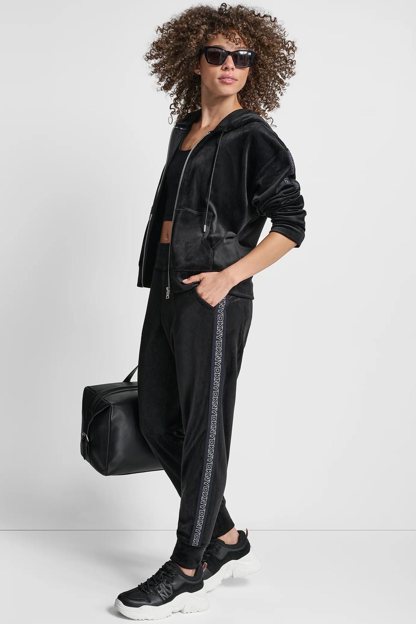 Black VELOUR CUFFED JOGGER WITH METALLIC LOGO, VIEW 1 | Back-To-School Shop