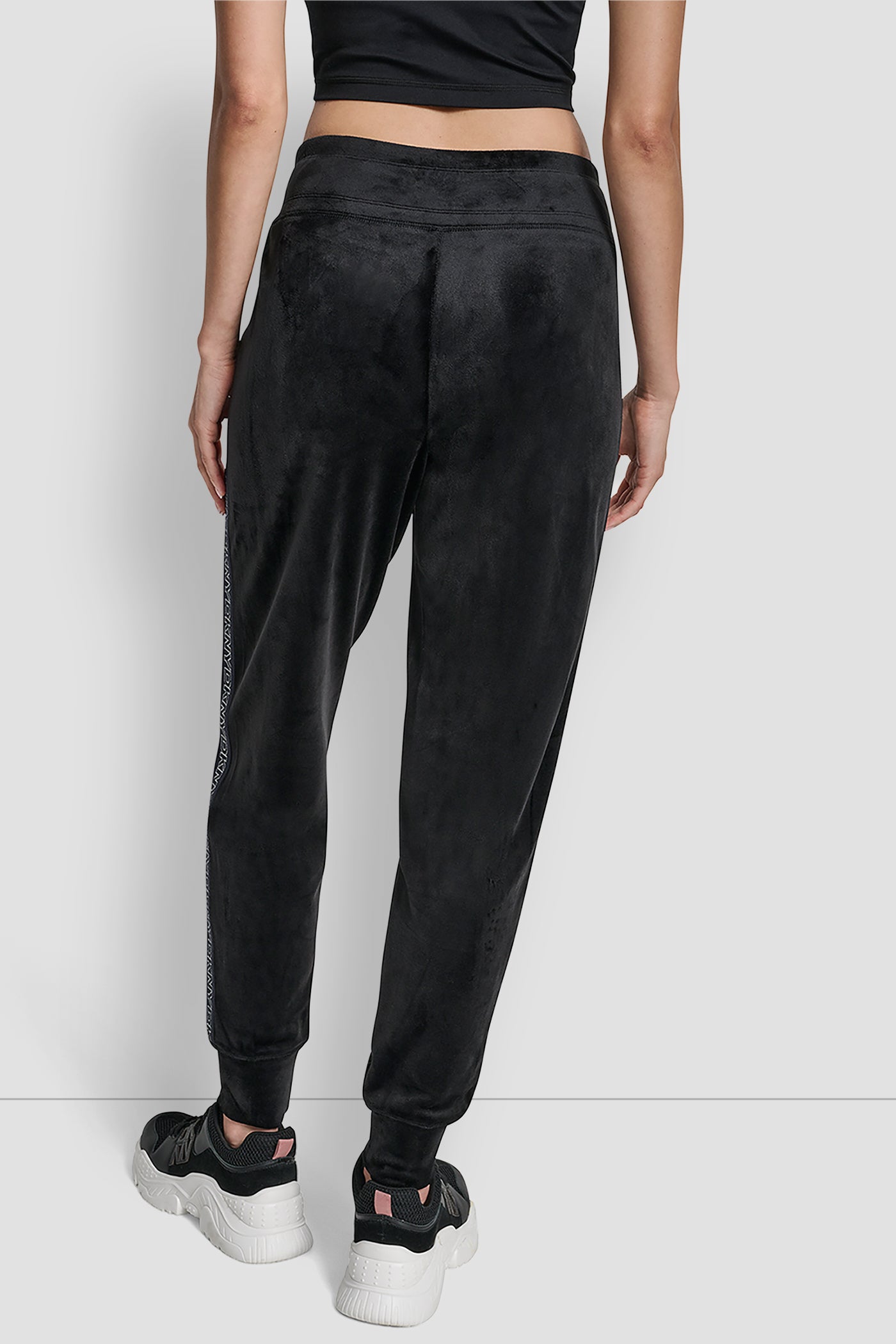 Black VELOUR CUFFED JOGGER WITH METALLIC LOGO, VIEW 2 | DKNY Promo
