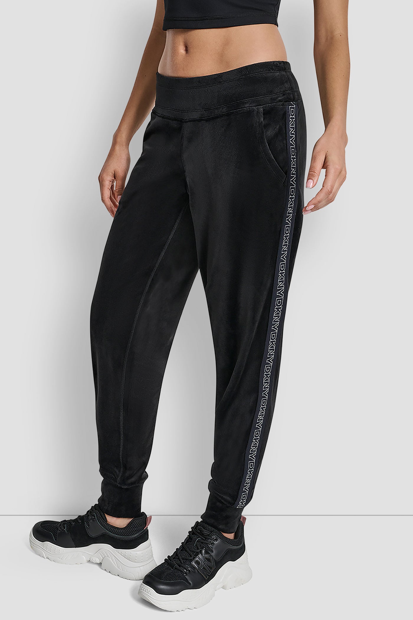 BLACK/SILVER CUFFED JOGGER WITH METALLIC LOGO ELASTIC, FRONT VIEW | DKNY Sport