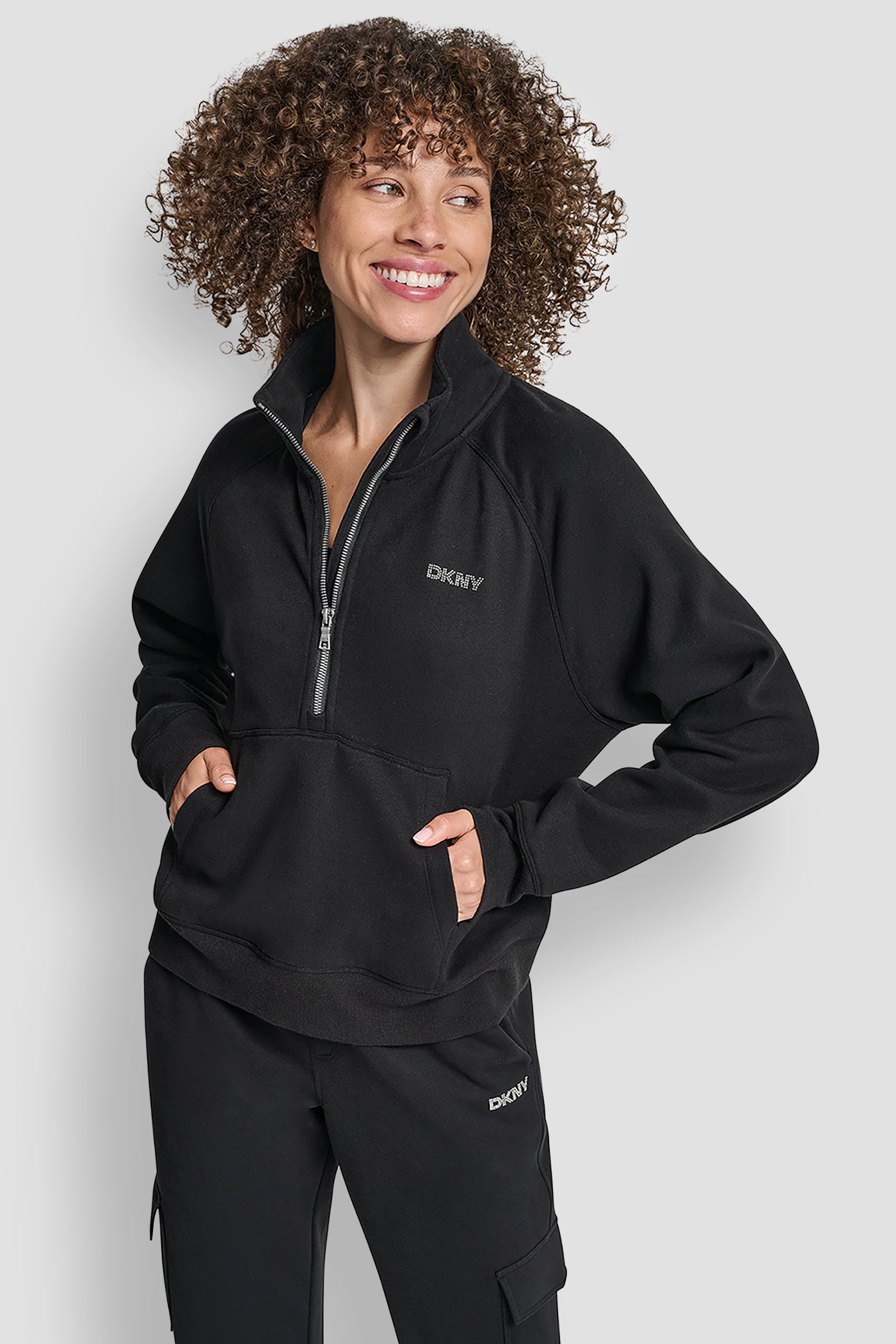 Black MINI STUD LOGO HALF ZIP PULLOVER WITH KANGA POCKET, FRONT VIEW | Sweatshirts & Joggers