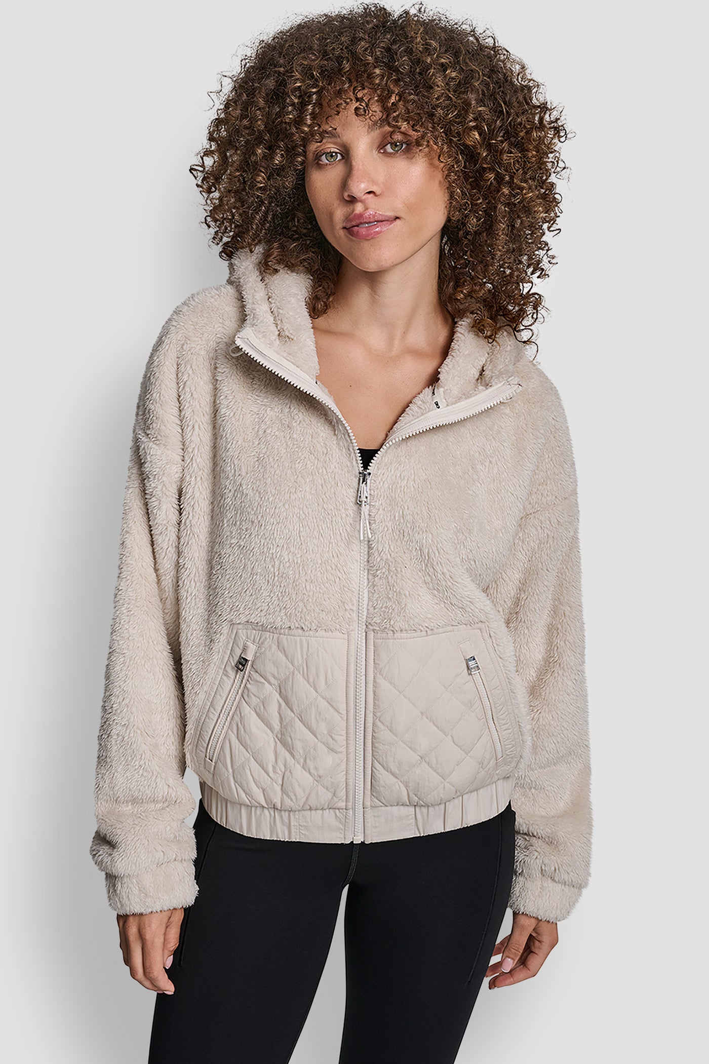 Beige HOODED SHERPA JACKET WITH DIAMOND QUILTED COMBO, VIEW 1 | DKNY Promo
