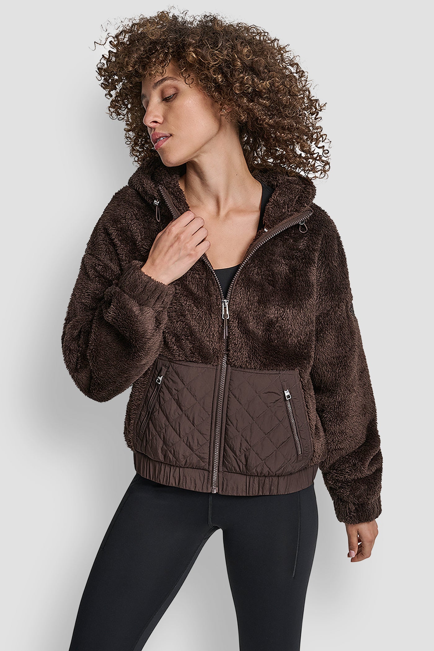 ESPRESSO HOODED SHERPA JACKET WITH DIAMOND QUILTED COMBO, VIEW 1 | DKNY Promo