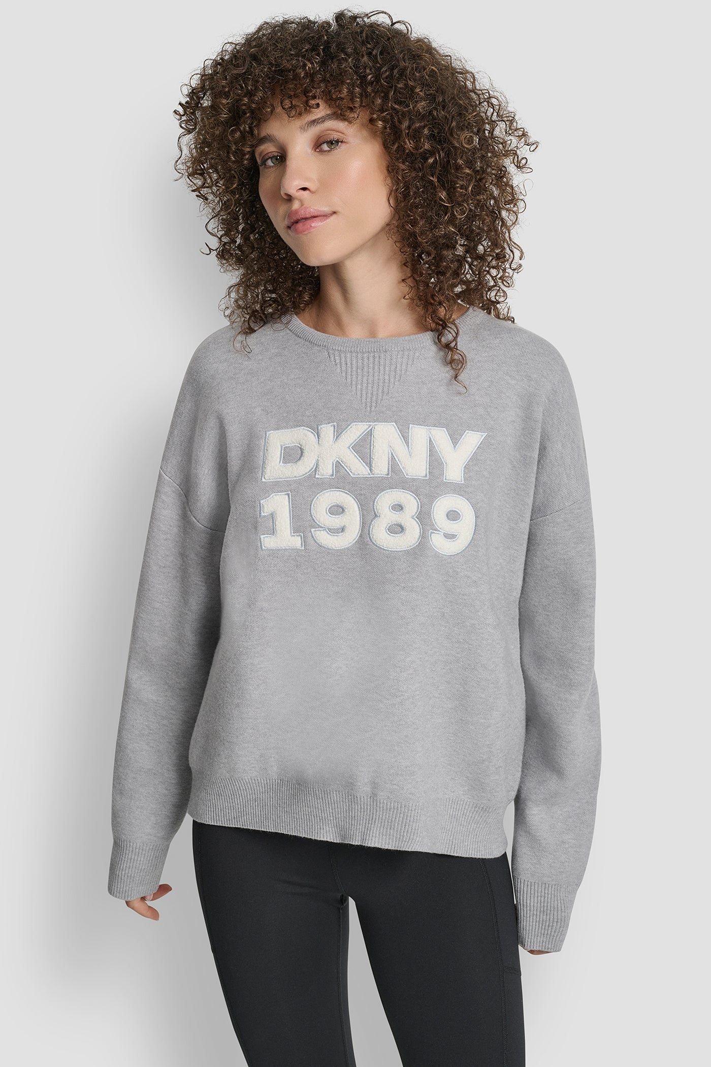 Grey CREW NECK SWEATER WITH TEXTURED LOGO, FRONT VIEW | WOMEN'S SWEATERS & TOPS