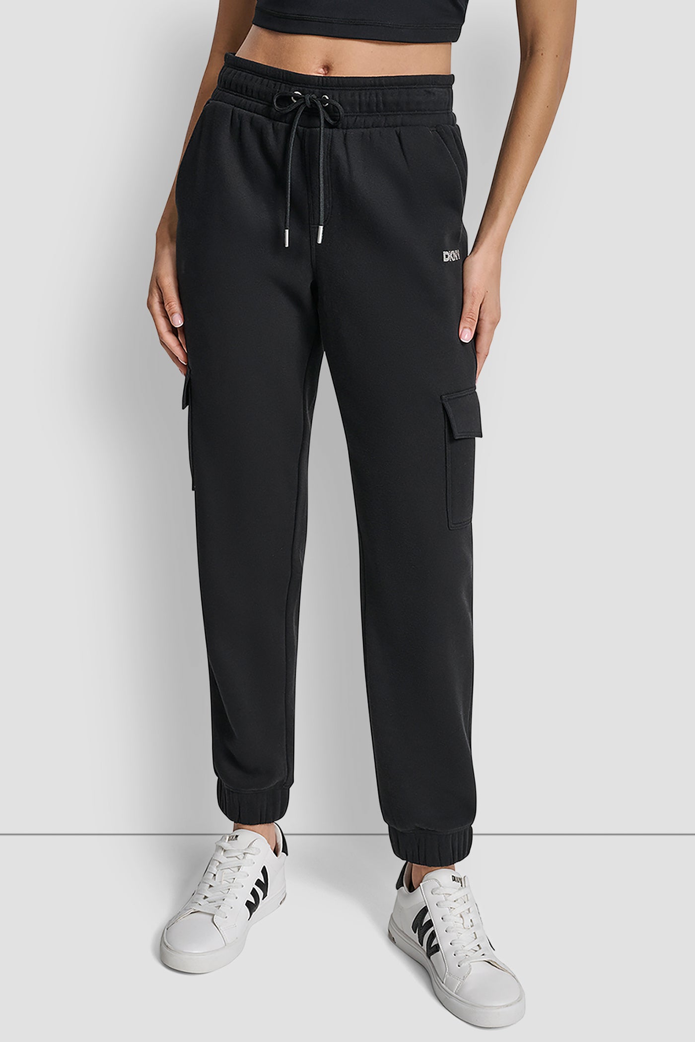 Black HIGH RISE LOGO EMBELLISHED SLIM CARGO JOGGER, FRONT VIEW | New Arrivals