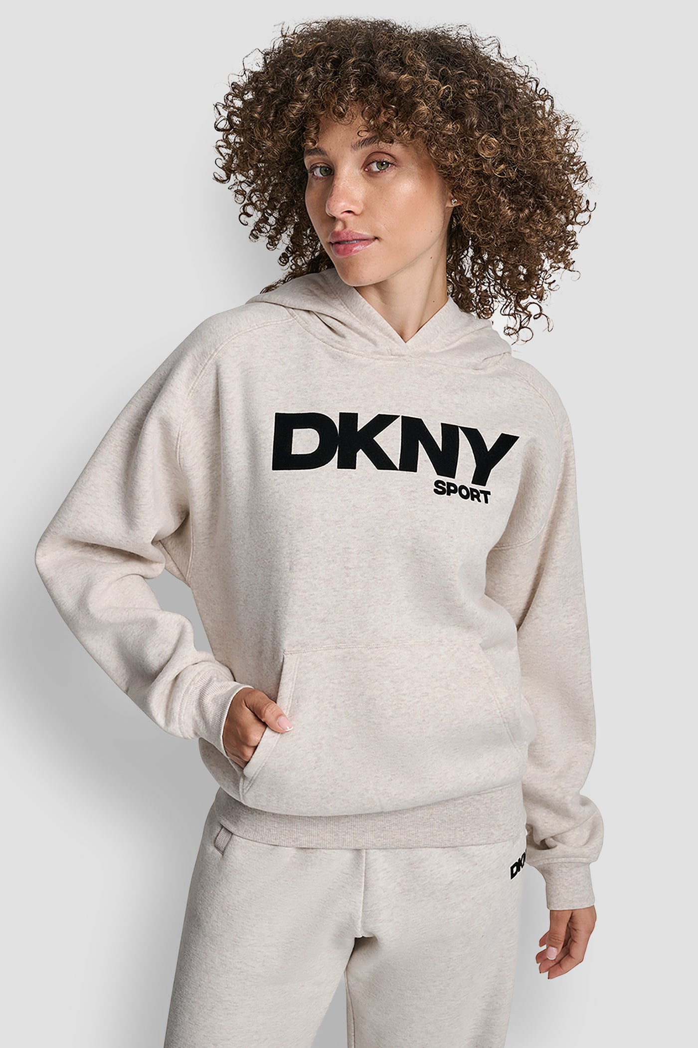 CORTADO HEATHER OVERSIZED FLOCKED LOGO PULLOVER HOODIE, FRONT VIEW | DKNY Sport