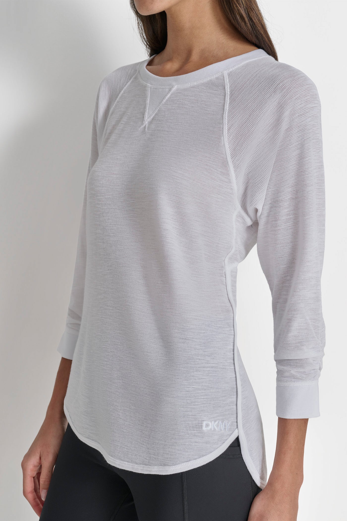 RUCHED 3/4-SLEEVE SLUB WAFFLE-KNIT TEE VIEW 3 | Sport Essentials