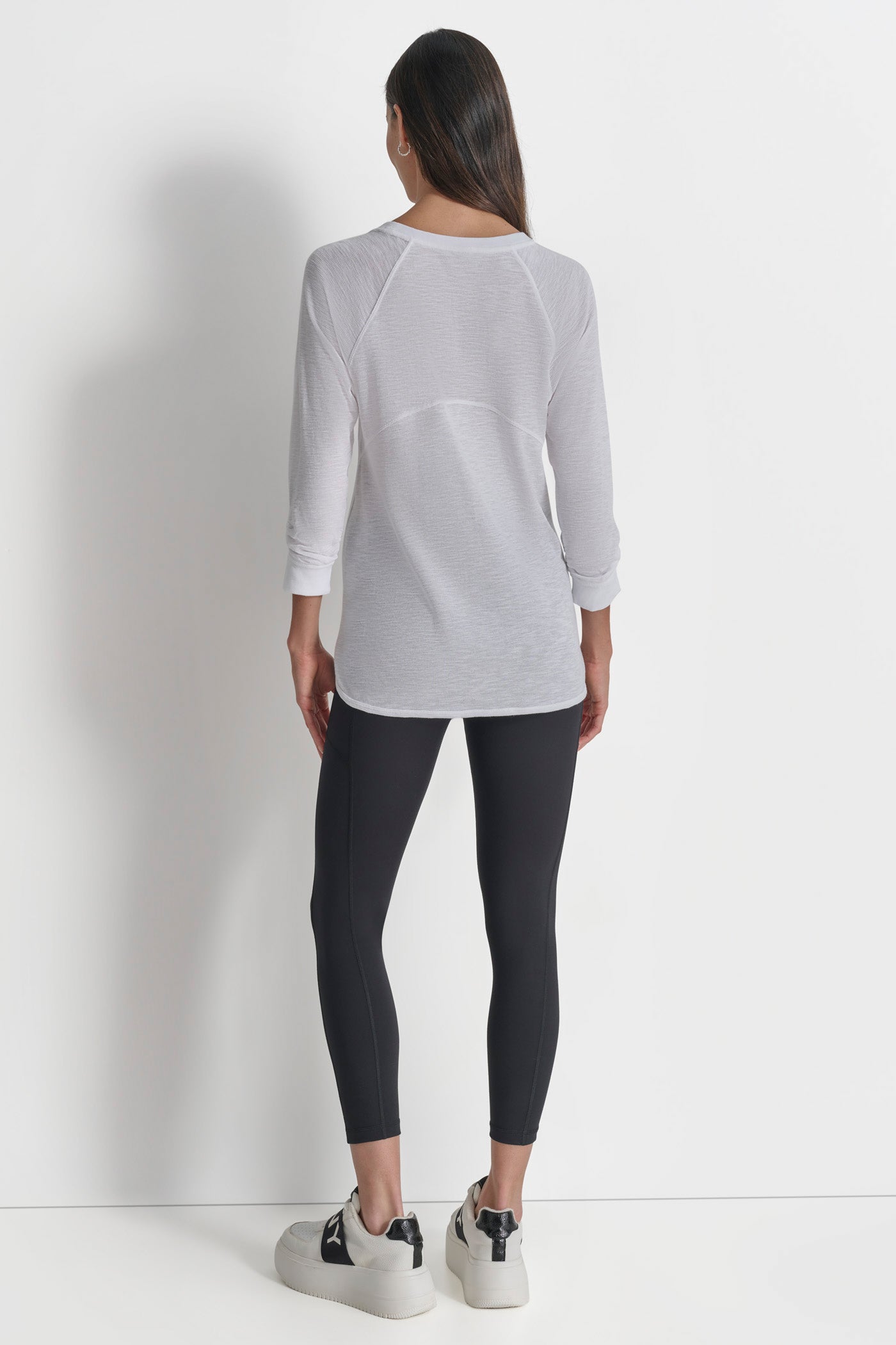 WHITE RUCHED 3/4-SLEEVE SLUB WAFFLE-KNIT TEE, BACK VIEW | Clothing