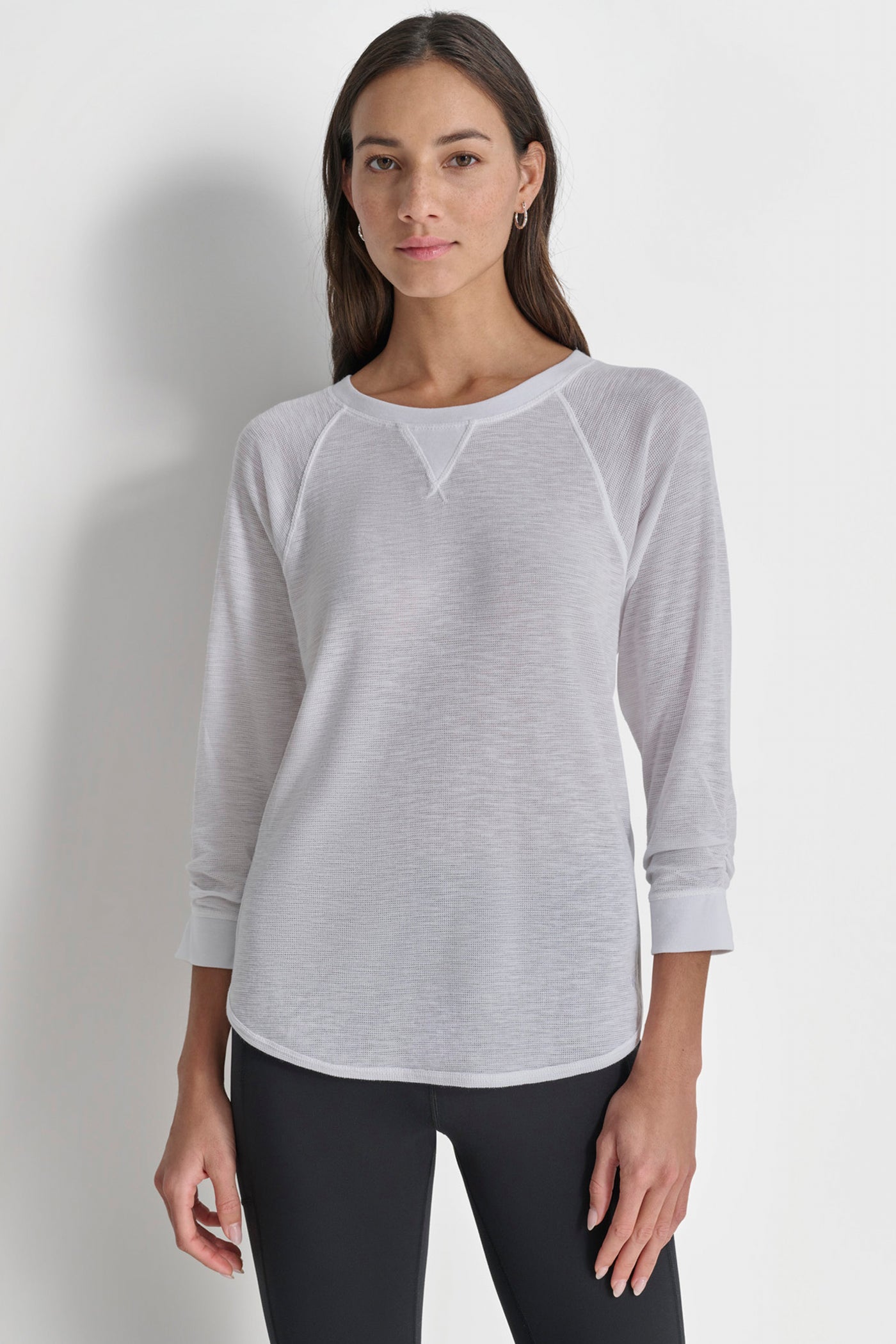 WHITE RUCHED 3/4-SLEEVE SLUB WAFFLE-KNIT TEE, FRONT VIEW | Clothing