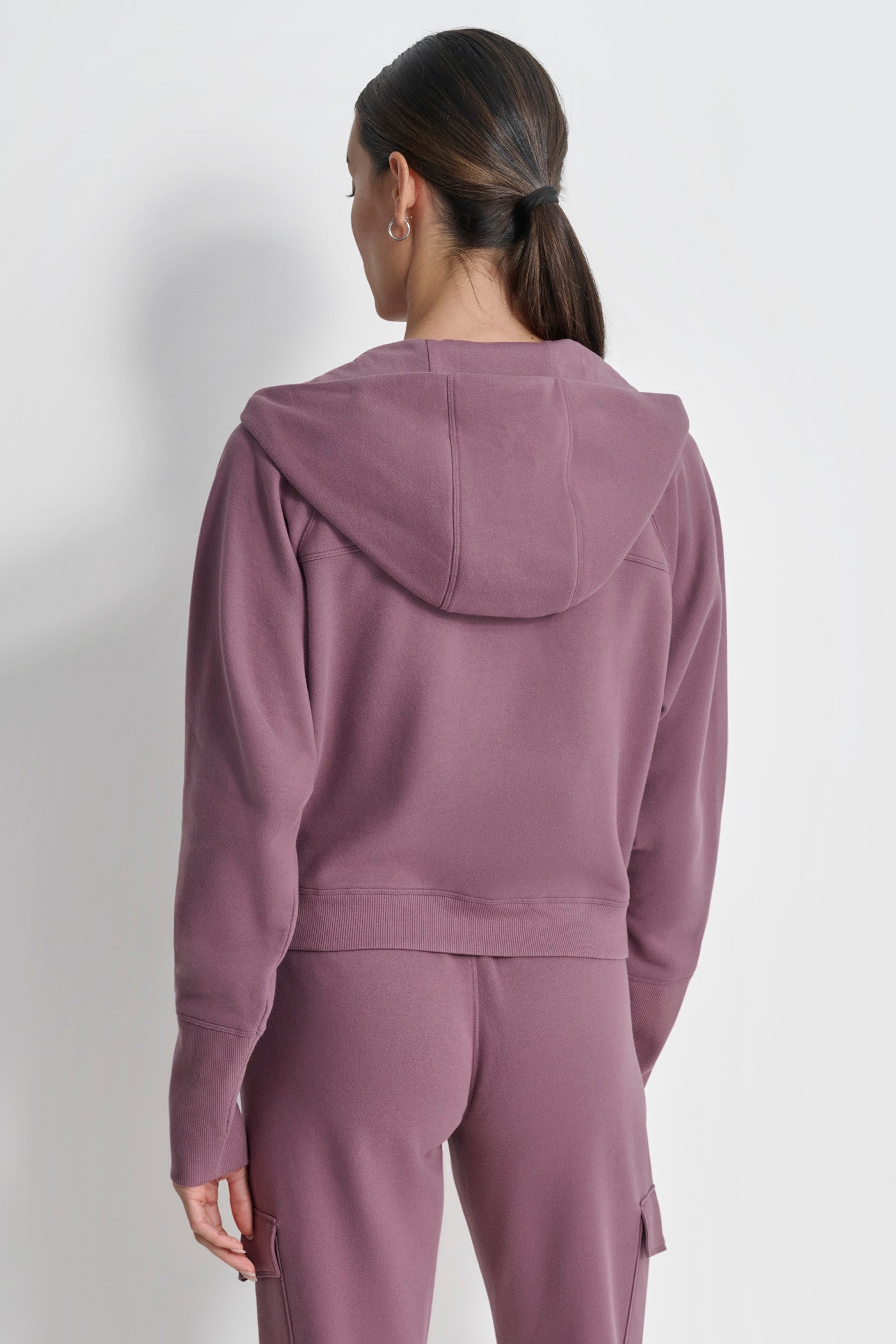 DEEP MAUVE TECH FLEECE FULL ZIP JACKET WITH VARSITY TWILL LOGO, BACK VIEW | DKNY Promo