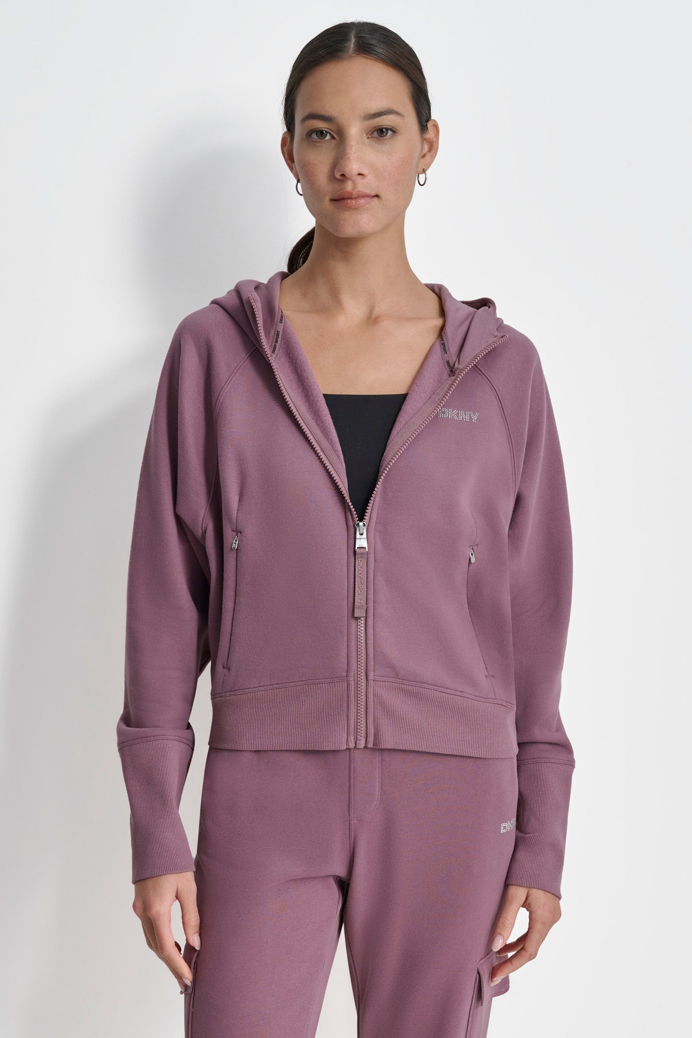 DEEP MAUVE TECH FLEECE FULL ZIP JACKET WITH VARSITY TWILL LOGO, FRONT VIEW | DKNY Promo