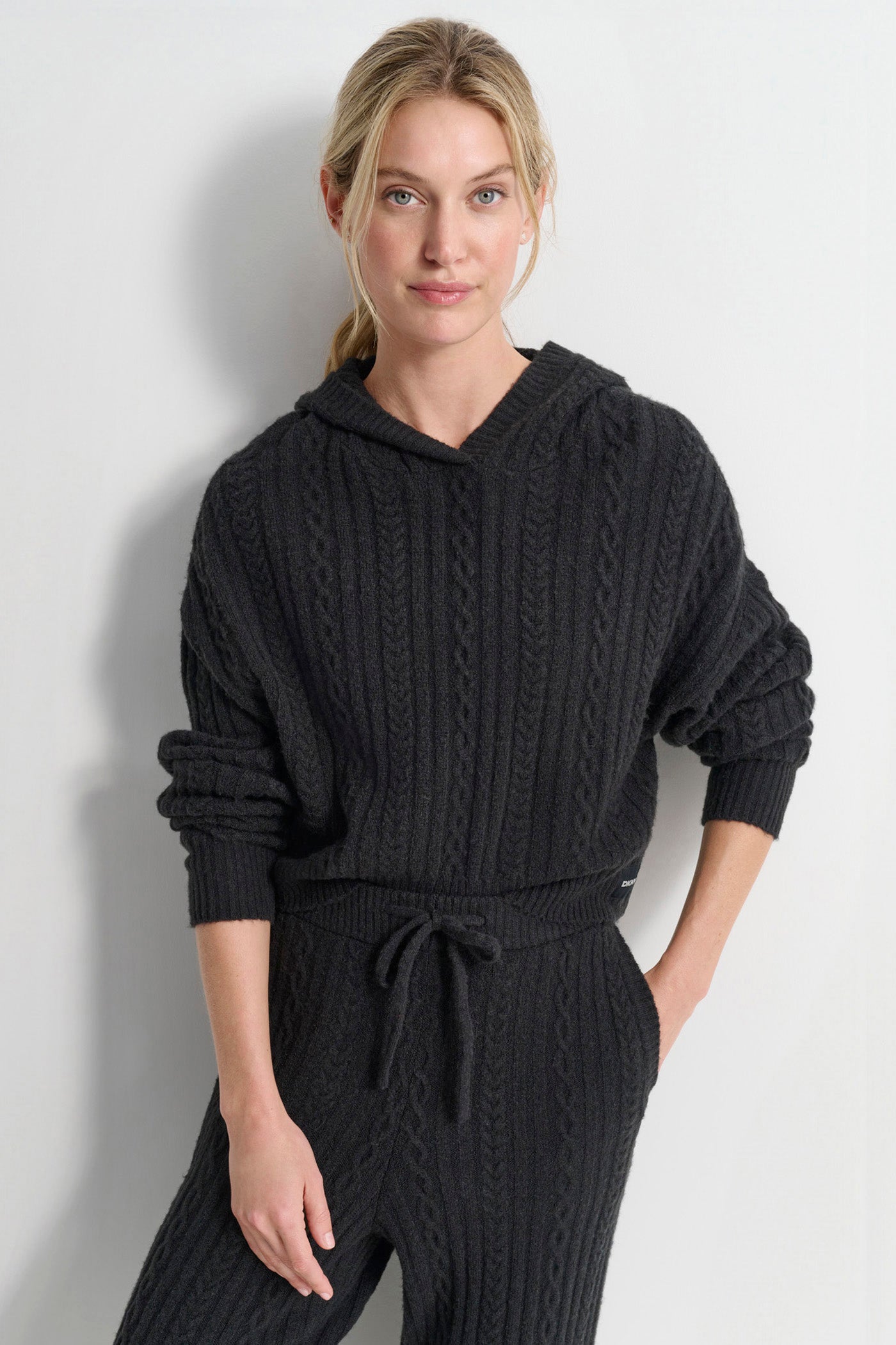 Black COZY CABLE SWEATER HOODIE, VIEW 1 | Sweatshirts & Joggers