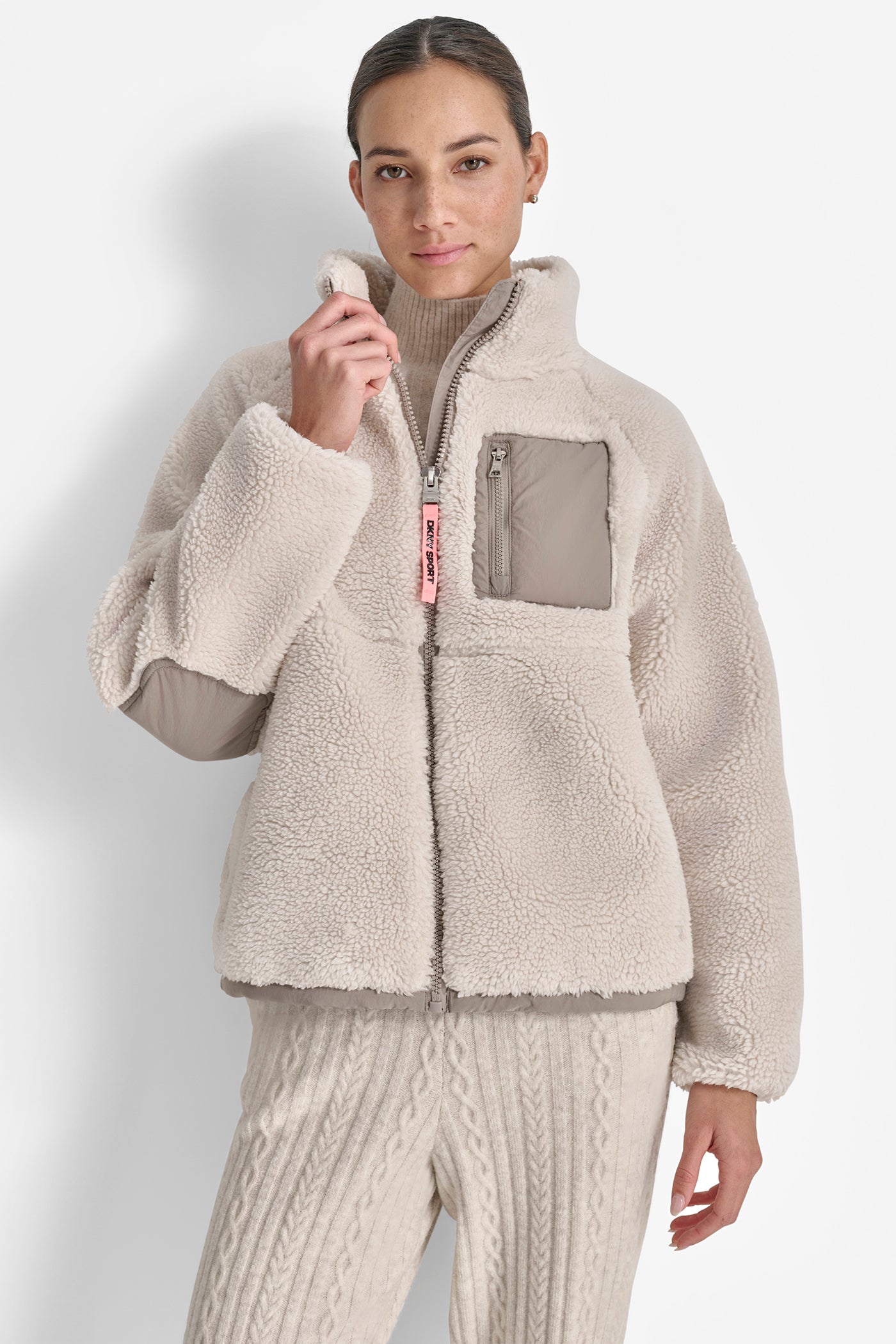 OAT/ DRIFTWOOD MOCK NECK FULL ZIP SHERPA HYBRID JACKET, VIEW 1 | WOMENS COATS & JACKETS