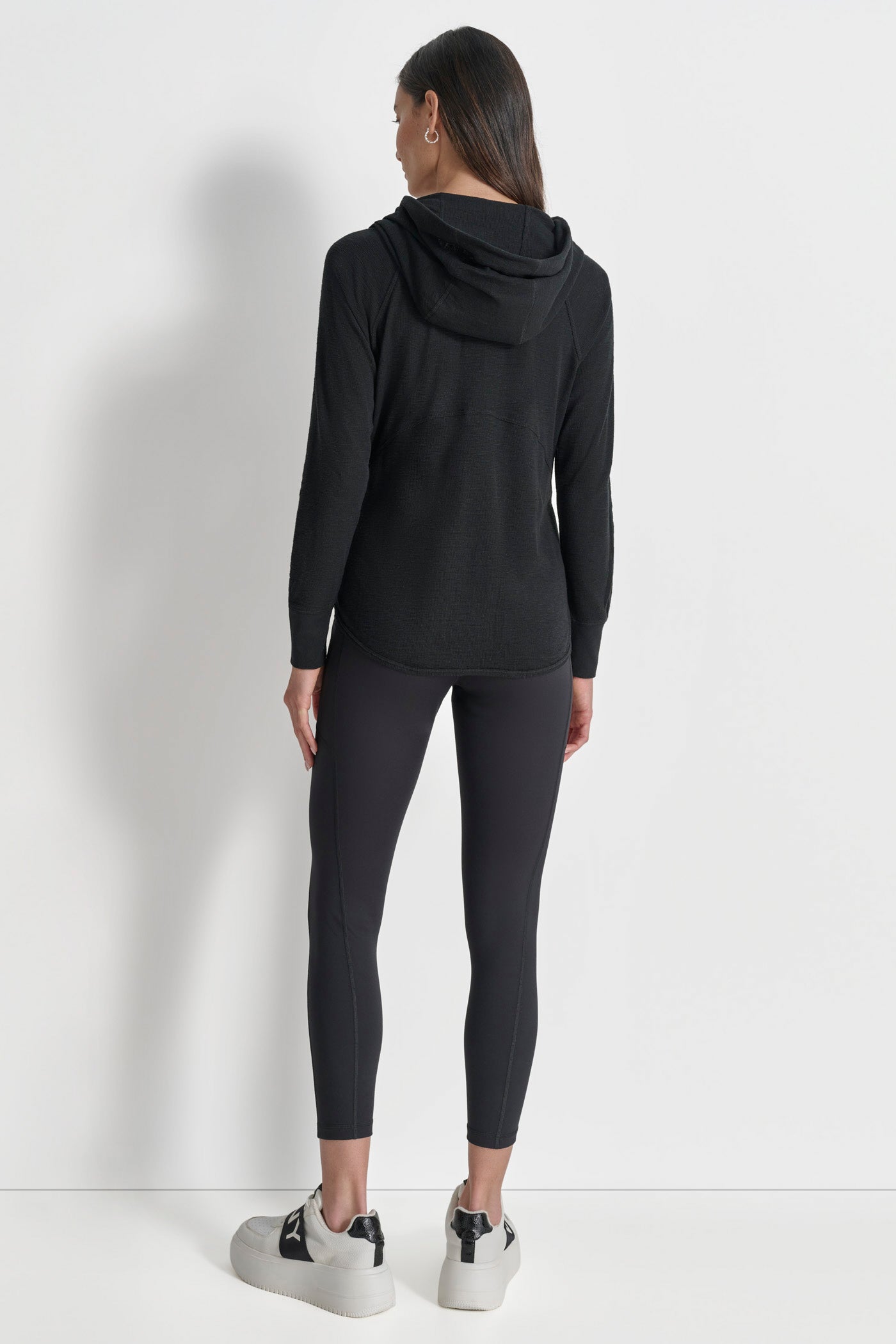 BLACK SLUB WAFFLE KNIT HOODIE, BACK VIEW | Sweatshirts & Joggers