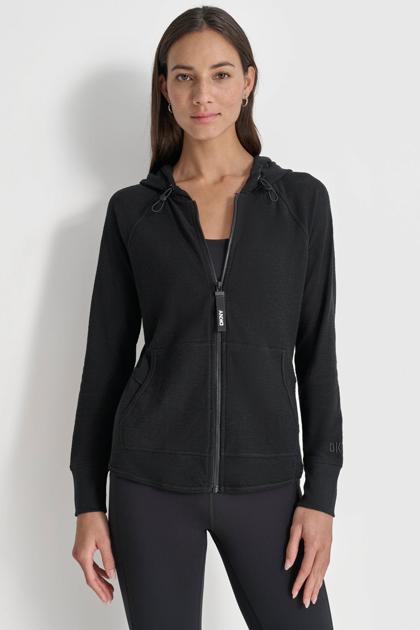 BLACK SLUB WAFFLE KNIT HOODIE, FRONT VIEW | Sweatshirts & Joggers