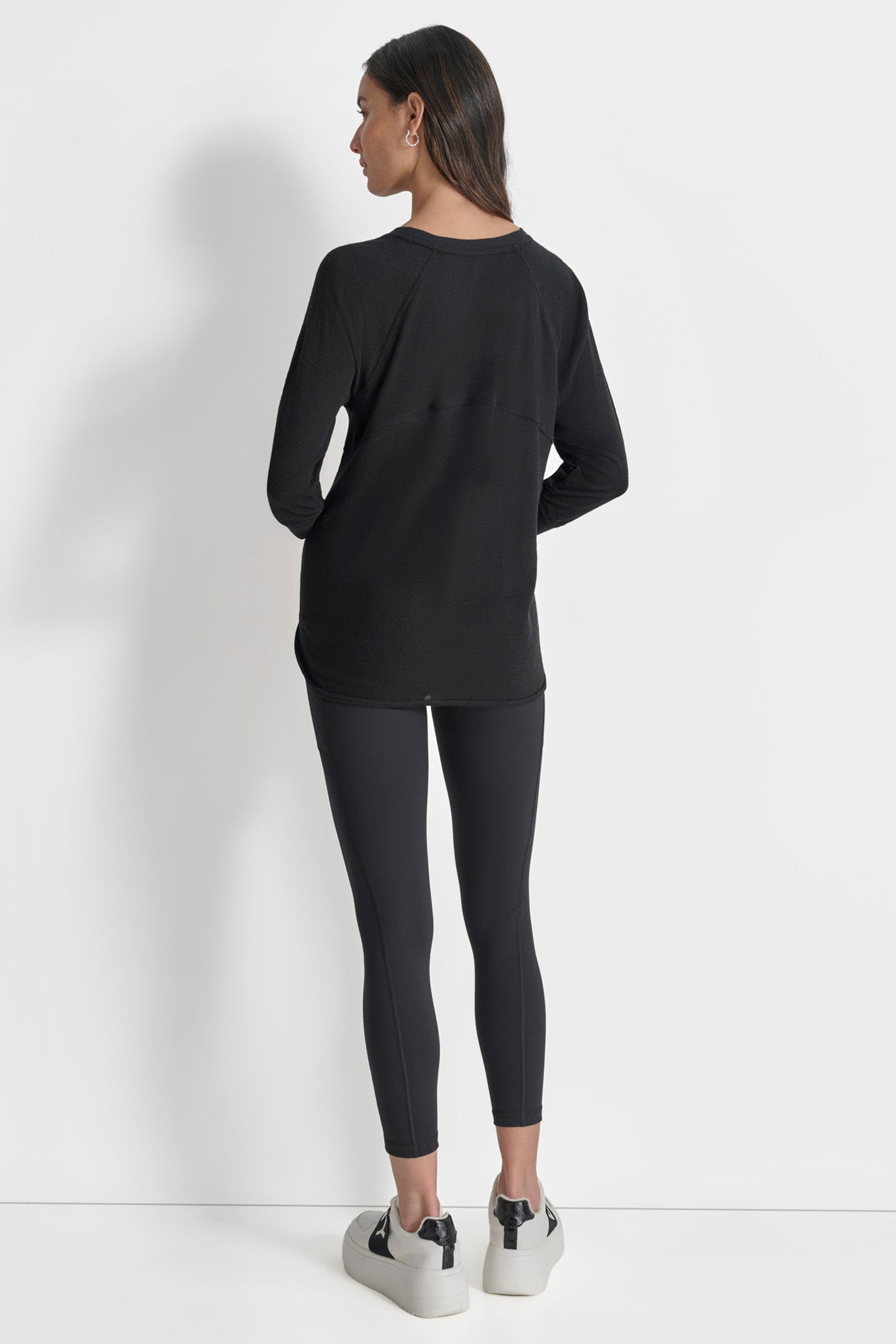 Black RUCHED 3/4-SLEEVE SLUB WAFFLE-KNIT TEE, BACK VIEW | Clothing