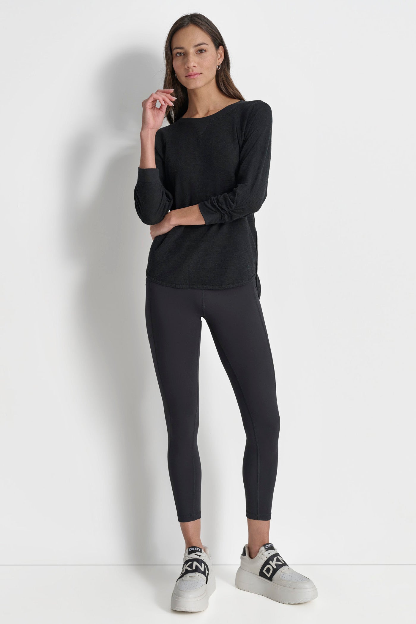 RUCHED 3/4-SLEEVE SLUB WAFFLE-KNIT TEE VIEW 5 | Under $50