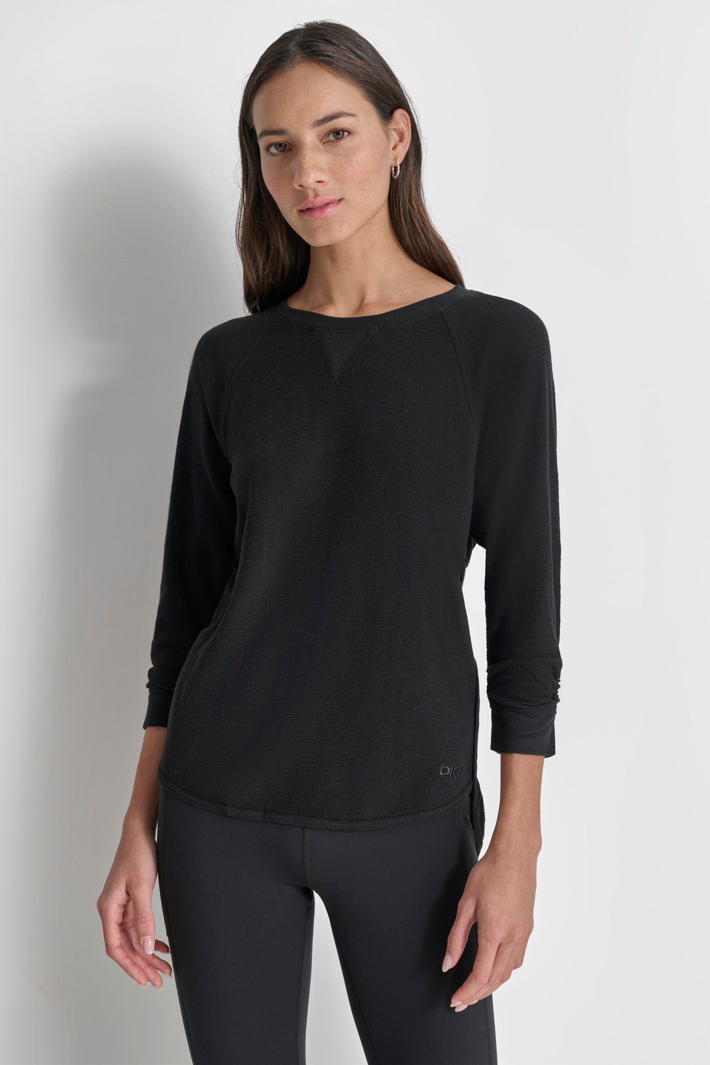 Black RUCHED 3/4-SLEEVE SLUB WAFFLE-KNIT TEE, FRONT VIEW | Clothing