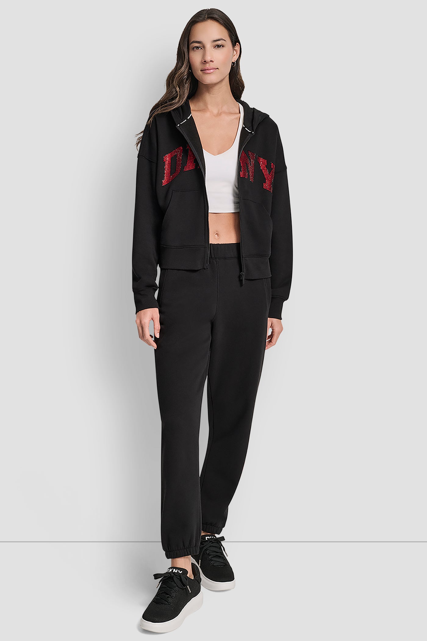 EXPLODED RHINESTONE VARISTY LOGO FULL ZIP HOODIE WITH POCKETS VIEW 7 | DKNY Sport