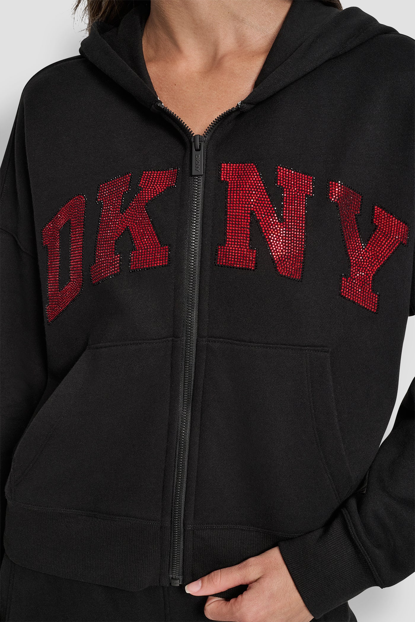 EXPLODED RHINESTONE VARISTY LOGO FULL ZIP HOODIE WITH POCKETS VIEW 4 | DKNY Sport