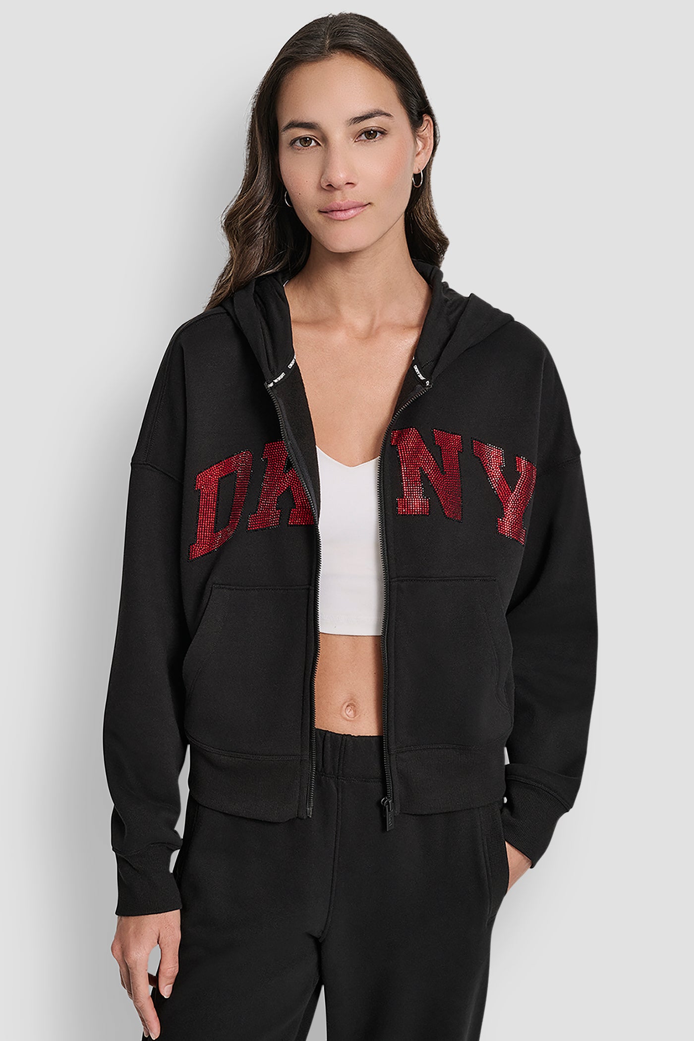 EXPLODED RHINESTONE VARISTY LOGO FULL ZIP HOODIE WITH POCKETS VIEW 5 | DKNY Sport