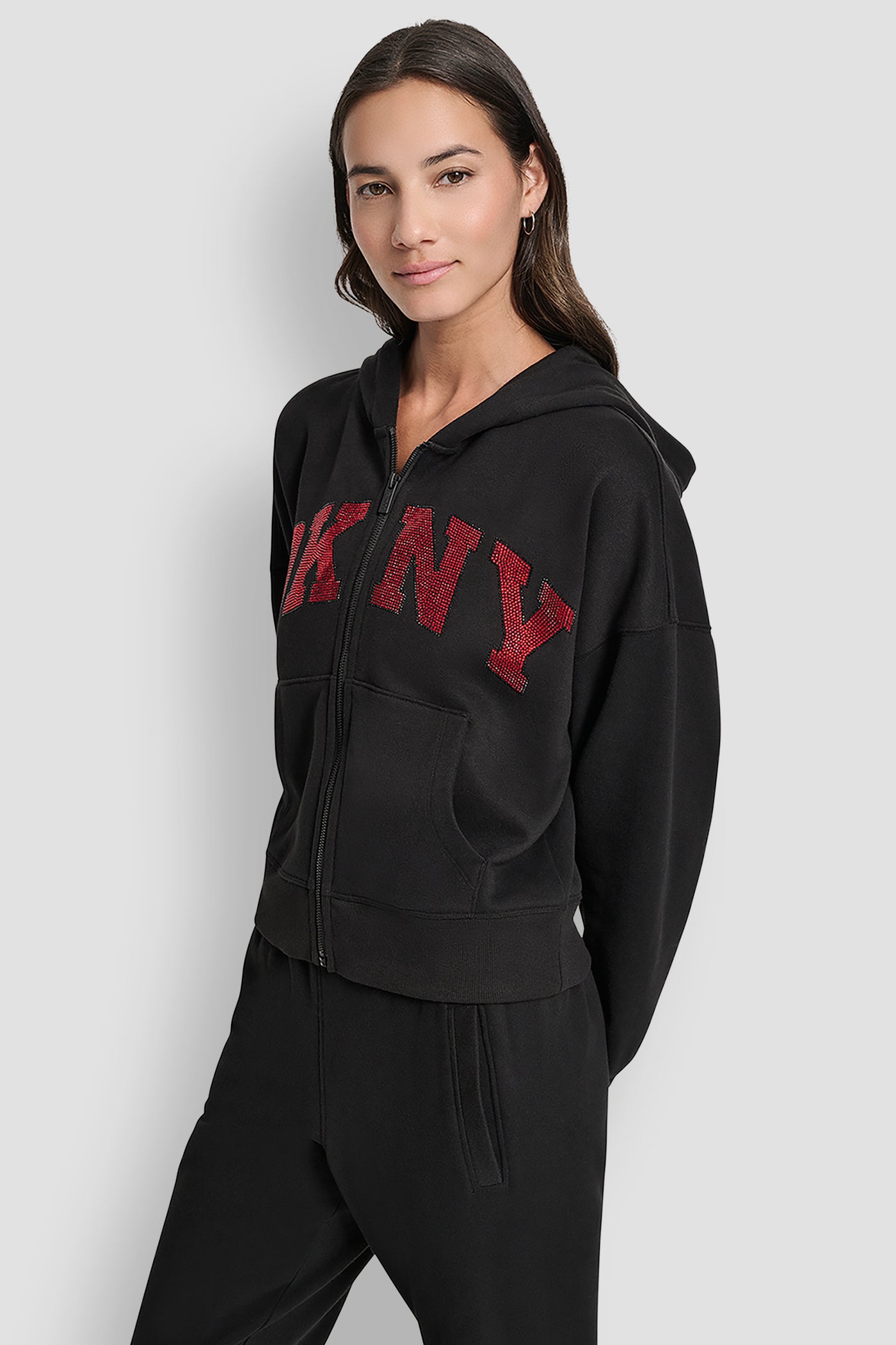 EXPLODED RHINESTONE VARISTY LOGO FULL ZIP HOODIE WITH POCKETS VIEW 3 | DKNY Sport