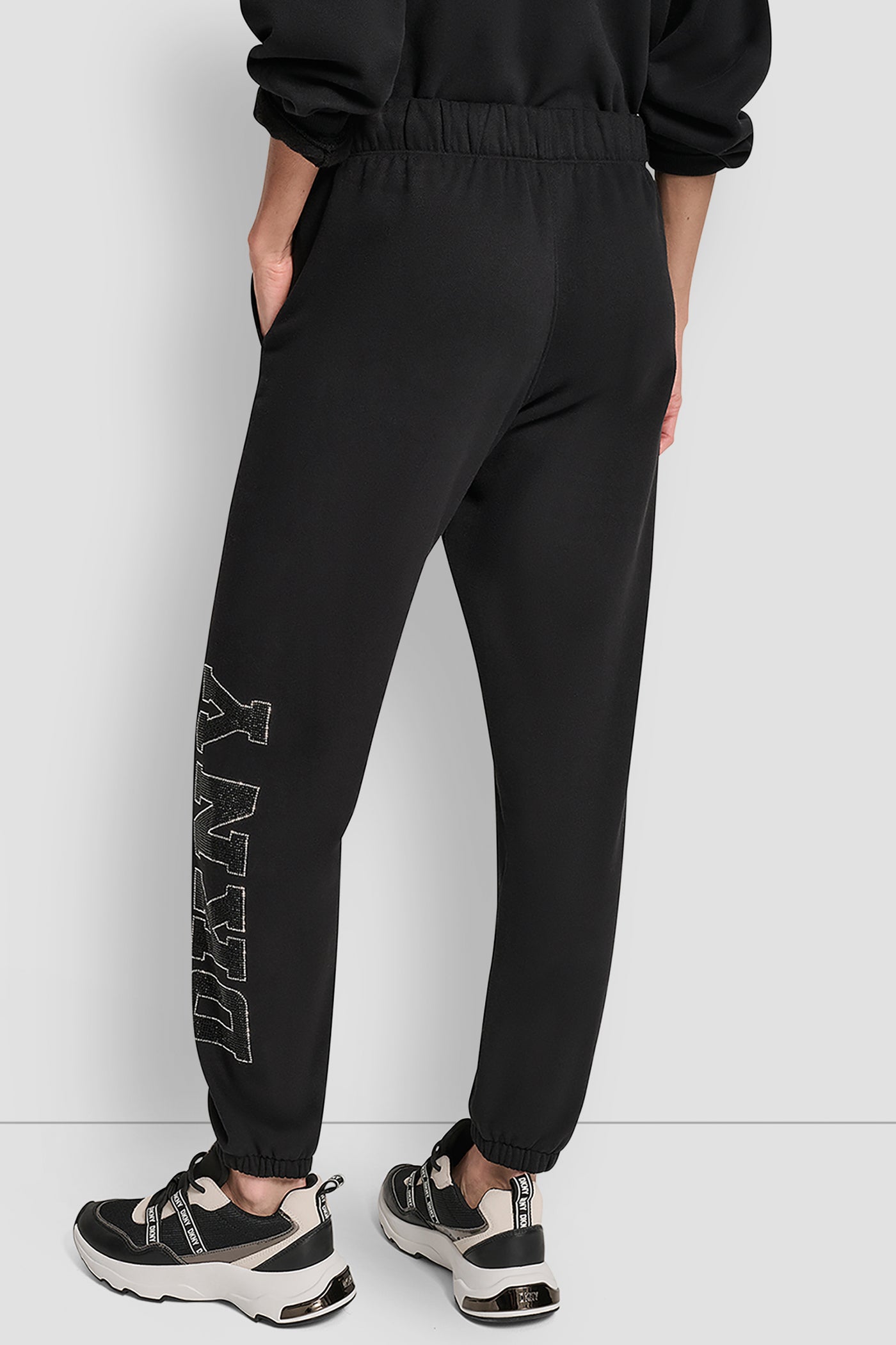 BLACK/BLACK EXPLODED RHINESTONE VARISTY LOGO HIGH RISE RELAXED, VIEW 2 | DKNY Sport
