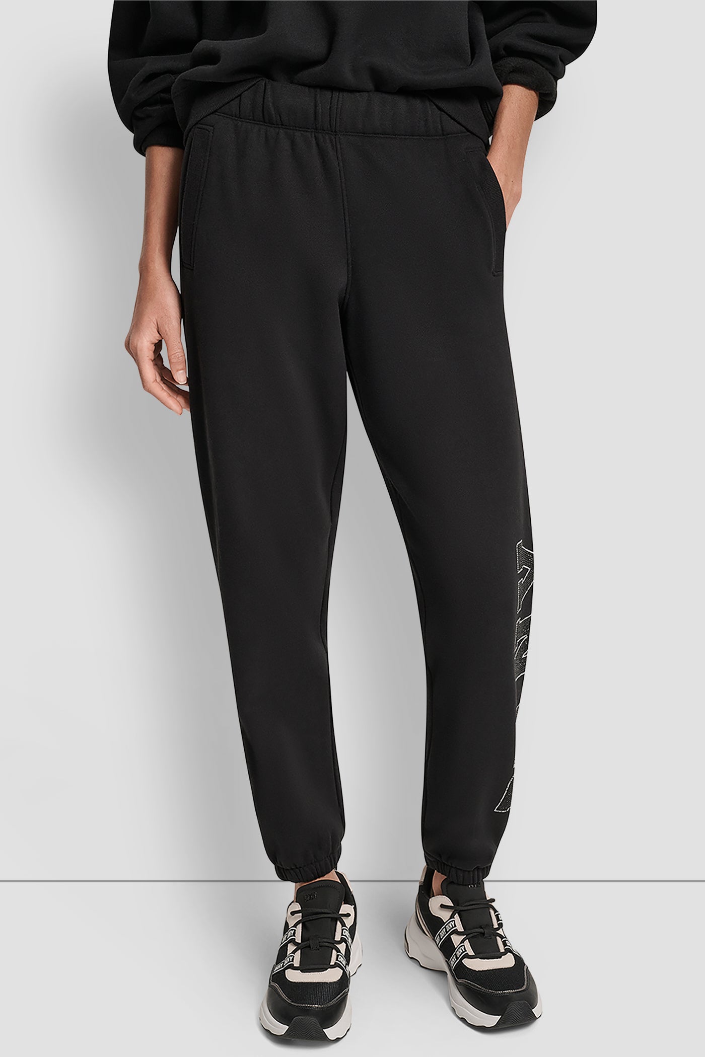 BLACK/BLACK EXPLODED RHINESTONE VARISTY LOGO HIGH RISE RELAXED, VIEW 1 | DKNY Sport